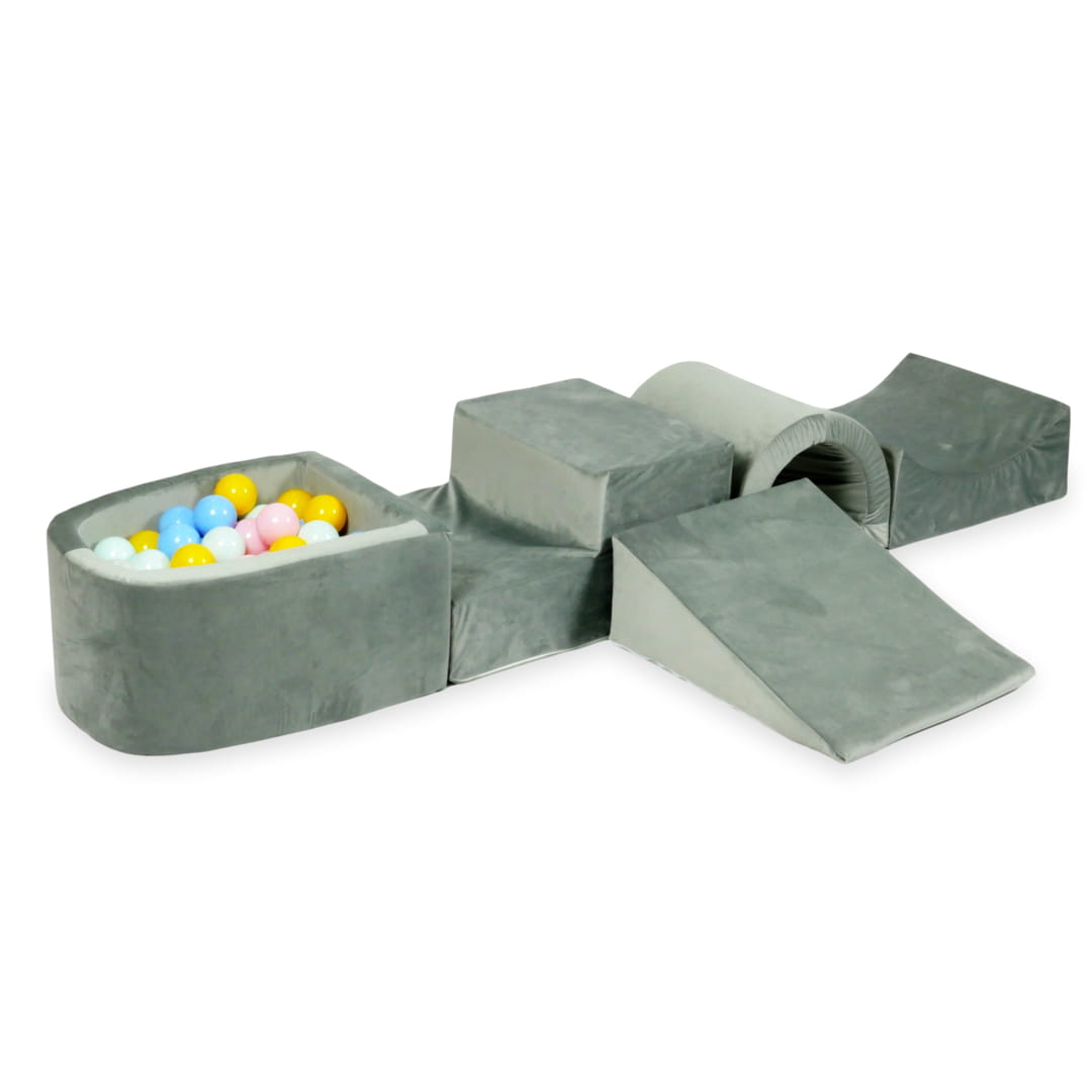 Schaumstoffspielbereich mit Brücke und grauem Mikrofaser-Pool + 100 Bälle (hellmint, hellrosa, hellblau, perlmuttfarben, gelb)