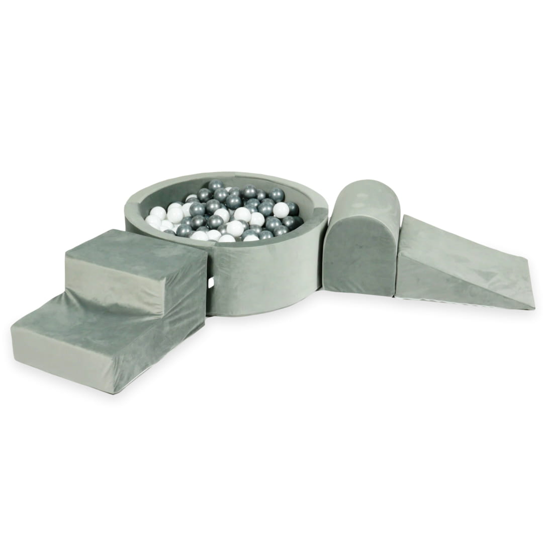 Schaumstoffspielbereich mit rundem, 90x30 cm großem, samtgrauem Pool + 200 Bällen (weiß, silber)