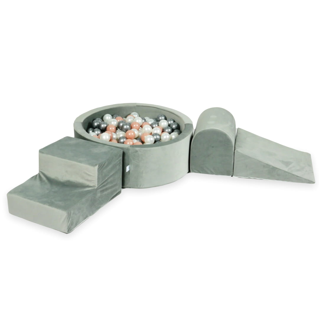 Schaumstoffspielbereich mit rundem, 90x30 cm großem, samtgrauem Pool + 200 Bällen (silber, perlmuttfarben, roségolden)