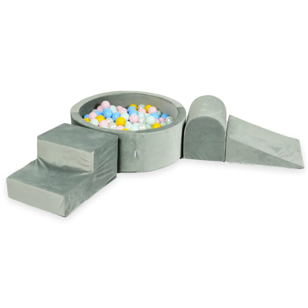 Schaumstoffspielbereich mit rundem, 90x30 cm großem, samtgrauem Pool + 200 Bällen (hellmint, hellrosa, hellblau, perlmuttfarben, gelb)