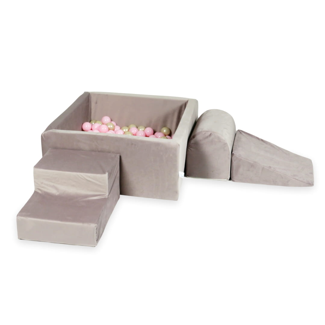 Schaumstoffspielbereich mit quadratischem Pool 90x90x40, samtlila + 400 Bälle (hellgold, hellrosa)