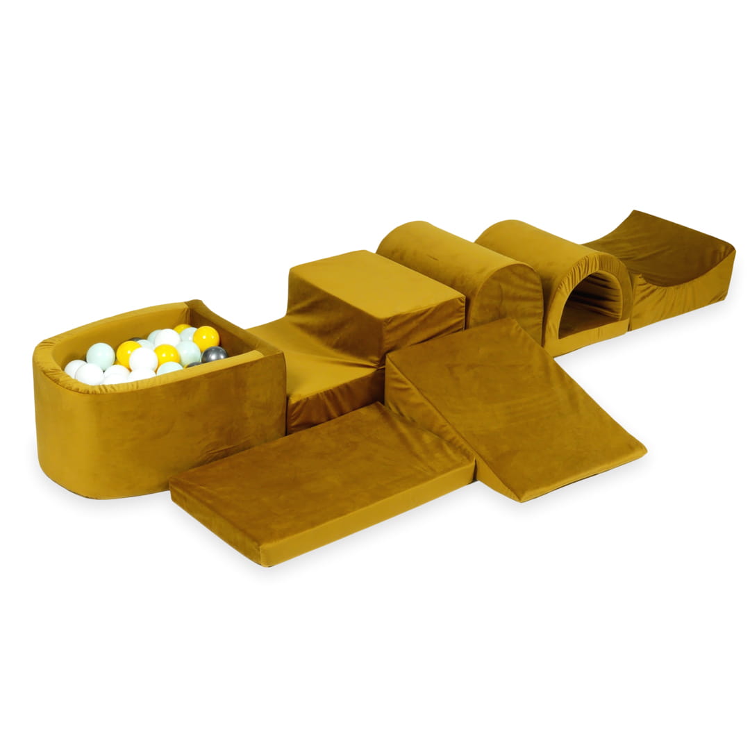 Größter Schaumstoffspielbereich mit samtgoldenem Mikro-Pool + 100 Bälle (gelb, hellmint, metallisch-graphit, weiß)