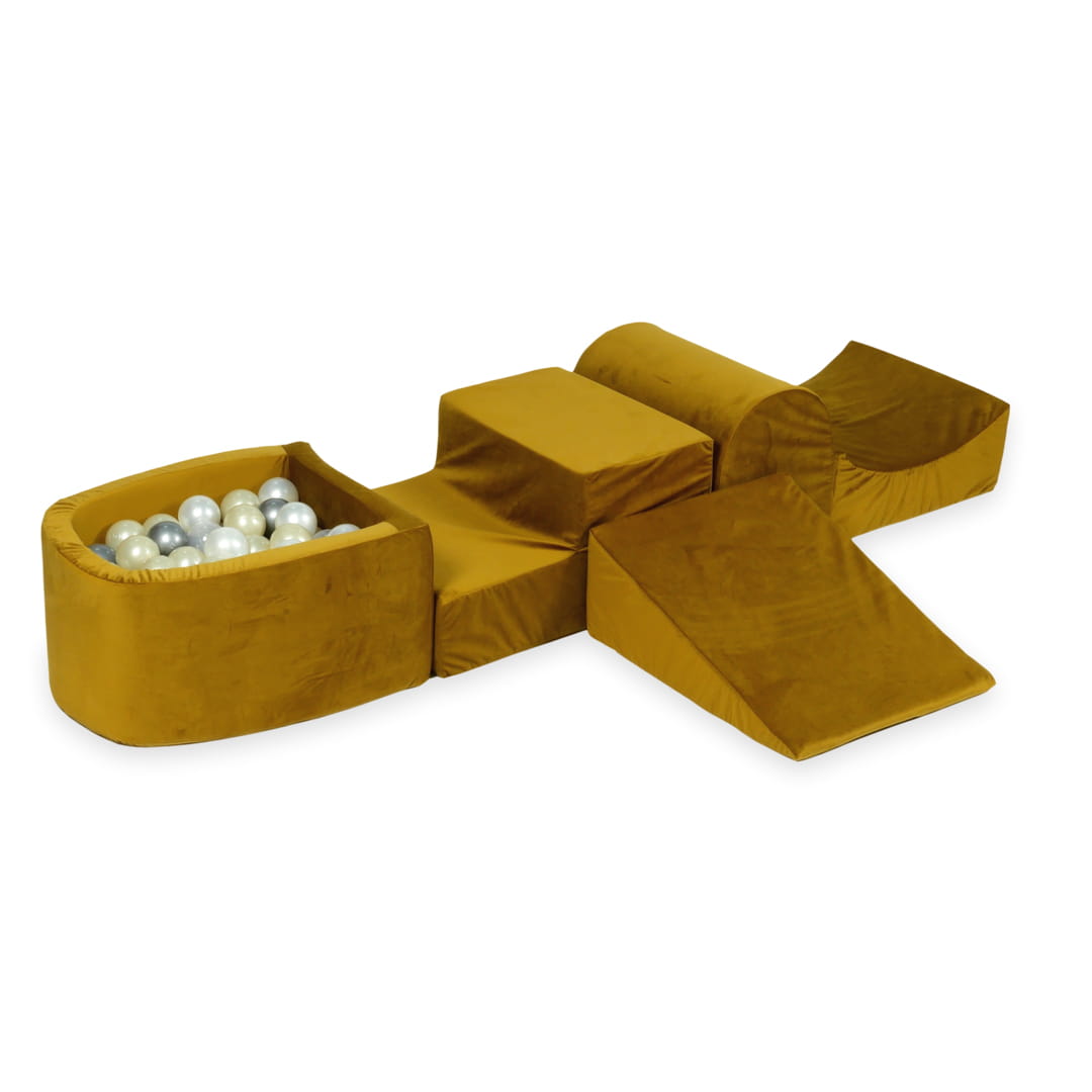 Schaumstoffspielbereich mit Hügel und Mikro-Samt-Goldpool + 100 Bälle (hellgold, perlmuttfarben, silber, transparent)