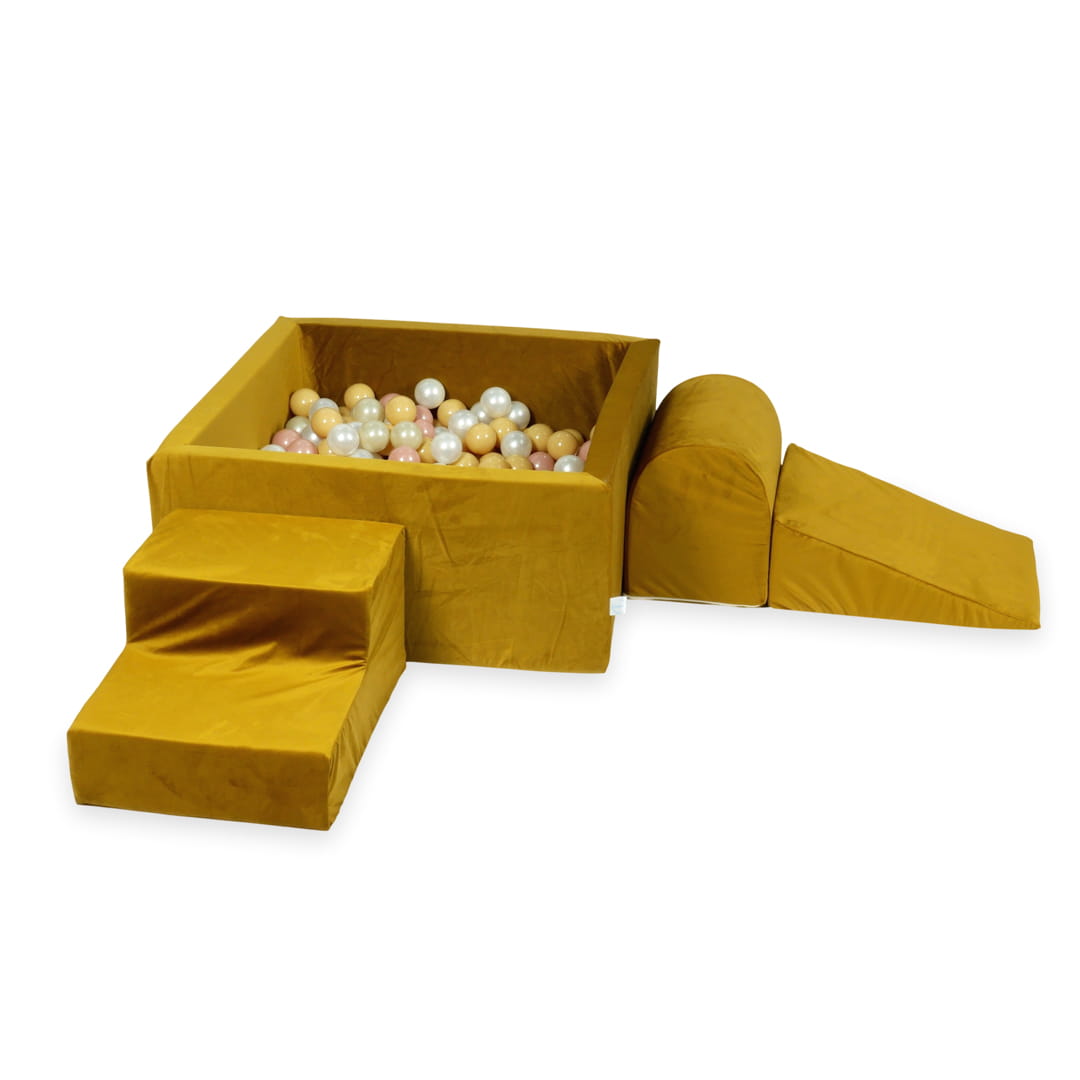 Schaumstoffspielbereich mit quadratischem Pool 90x90x40 Samtgold + 400 Bälle (Hellgold, Beige, Perlmutt, Roségold)