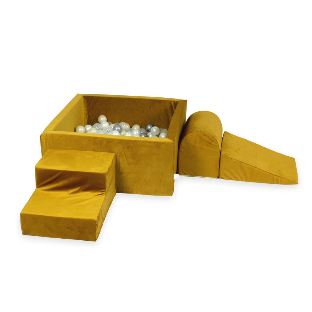 Schaumstoffspielbereich mit quadratischem Pool 90x90x40 Samtgold + 400 Bälle (hellgold, perlmuttfarben, silber, transparent)