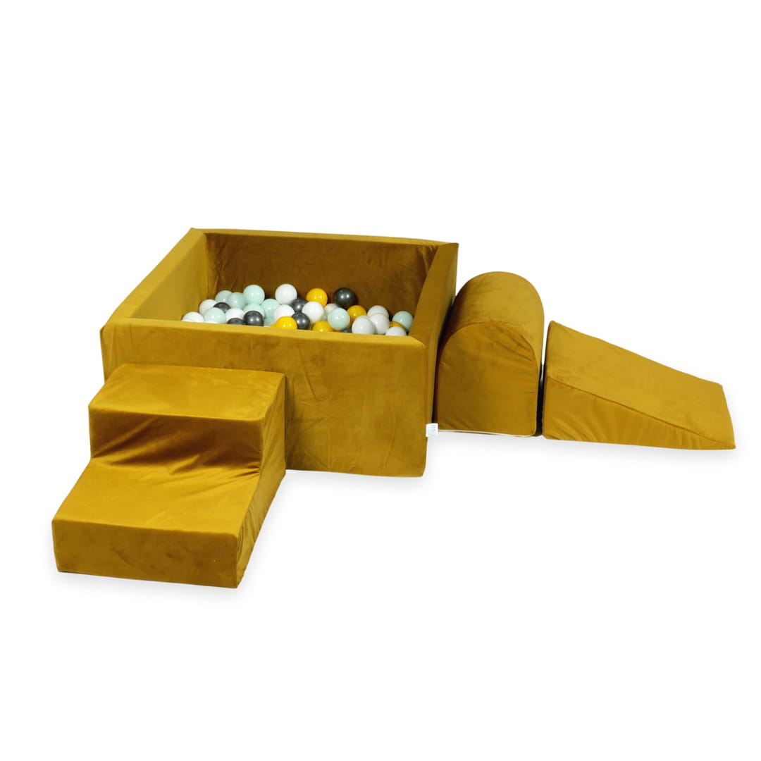 Schaumstoff-Spielbereich mit quadratischem Pool 90x90x40, samtgoldfarben + 400 Bälle (gelb, hellmint, metallisch-graphitfarben, weiß)