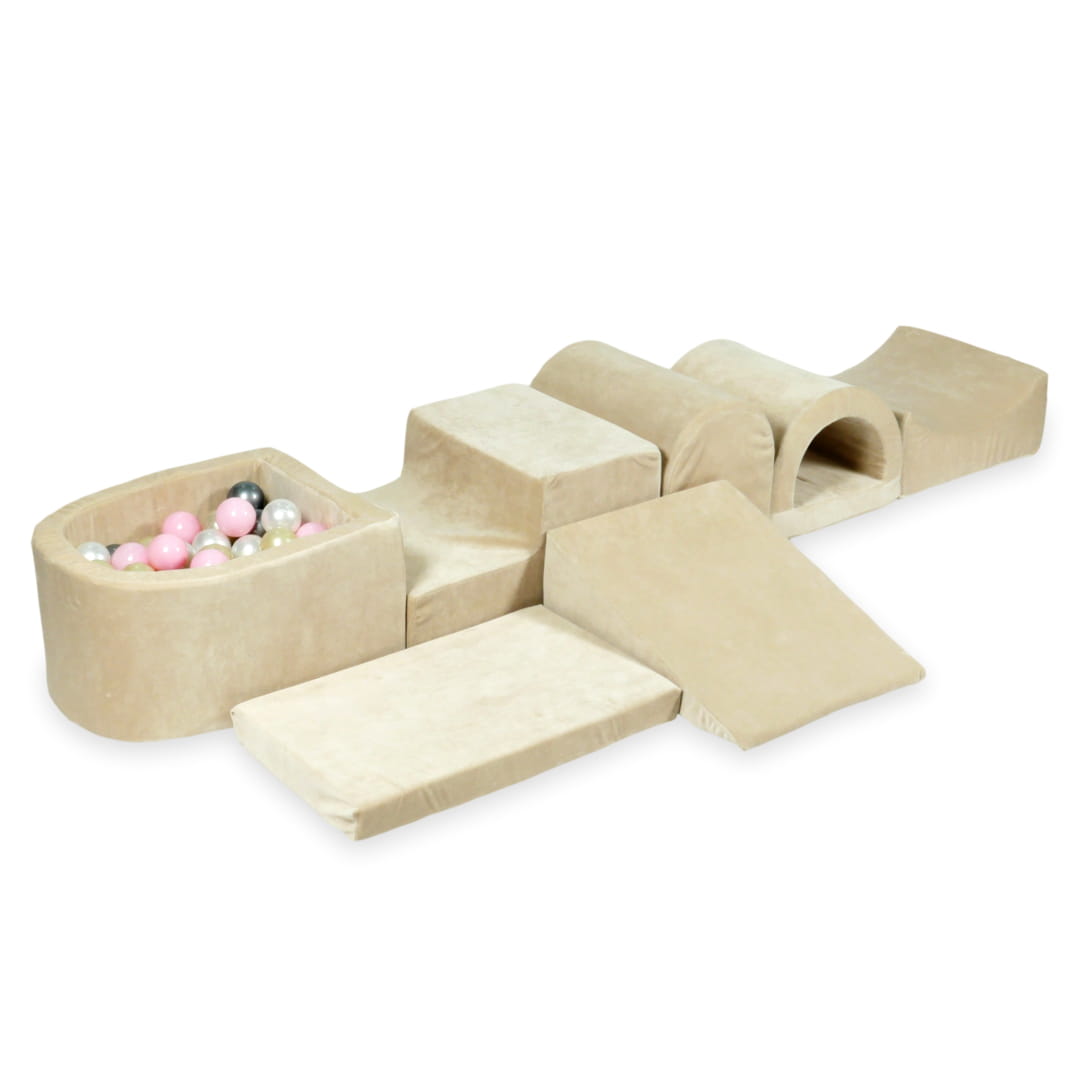 Größter Schaumstoffspielbereich mit mikrofeinen, samtweichen, beigefarbenen Pool + 100 Bälle (hellrosa, hellgold, perlmuttfarben, silber)