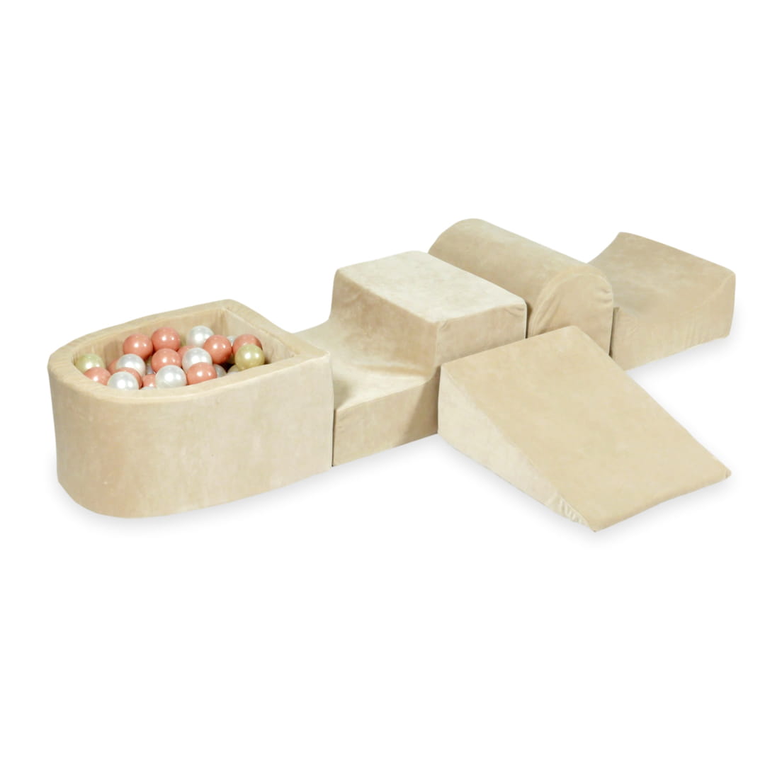 Schaumstoffspielbereich mit Hügel und Pool, mikrofein samtweich beige + 100 Bälle (Roségold, Glanzgold, Perlmutt)