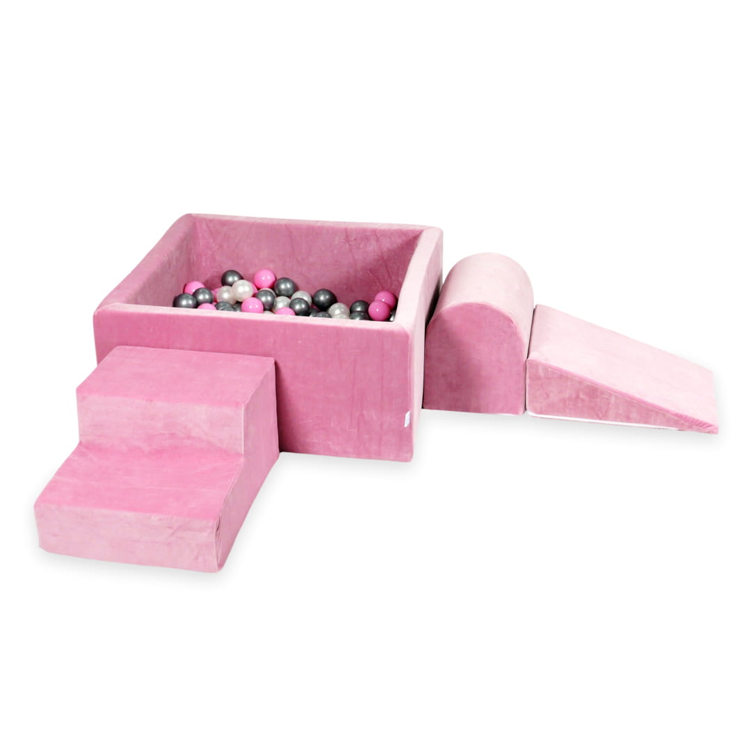 Schaumstoffspielbereich mit quadratischem Pool 90x90x40, samtweiches Rosa + 400 Bälle (Perlmutt, Silber, Puderrosa)