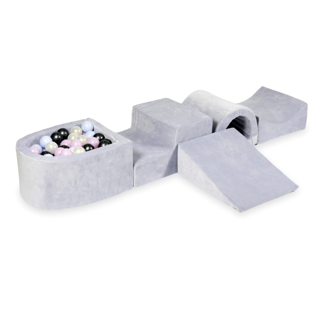 Schaumstoffspielbereich mit Brücke und hellgrauem, weichem Mikrofaser-Pool + 100 Bälle (Perlblau, Perlrosa, Metallic-Graphit, irisierend)
