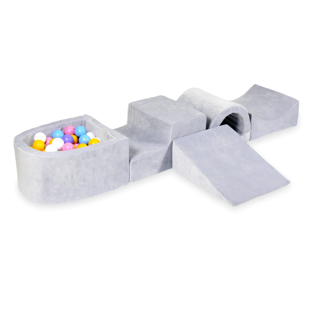 Schaumstoffspielbereich mit Brücke und hellgrauem, weichem Mikrofaser-Pool + 100 Bälle (hellblau, gelb, meliert, puderrosa, weiß)