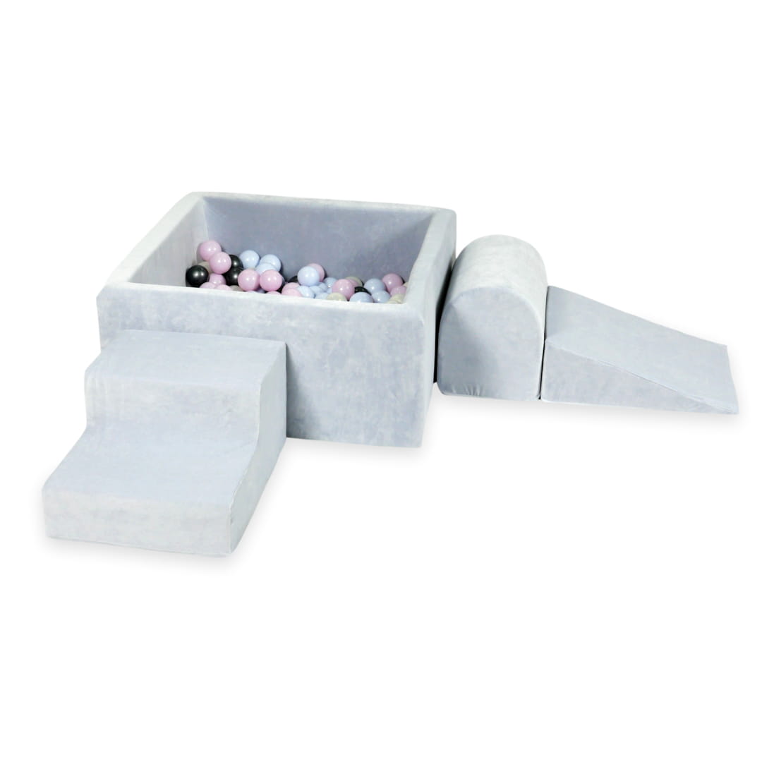 Schaumstoffspielbereich mit quadratischem Pool 90x90x40 samtweichem Hellgrau + 400 Bälle (Perlblau, Perlrosa, Metallic-Graphit, irisierend)