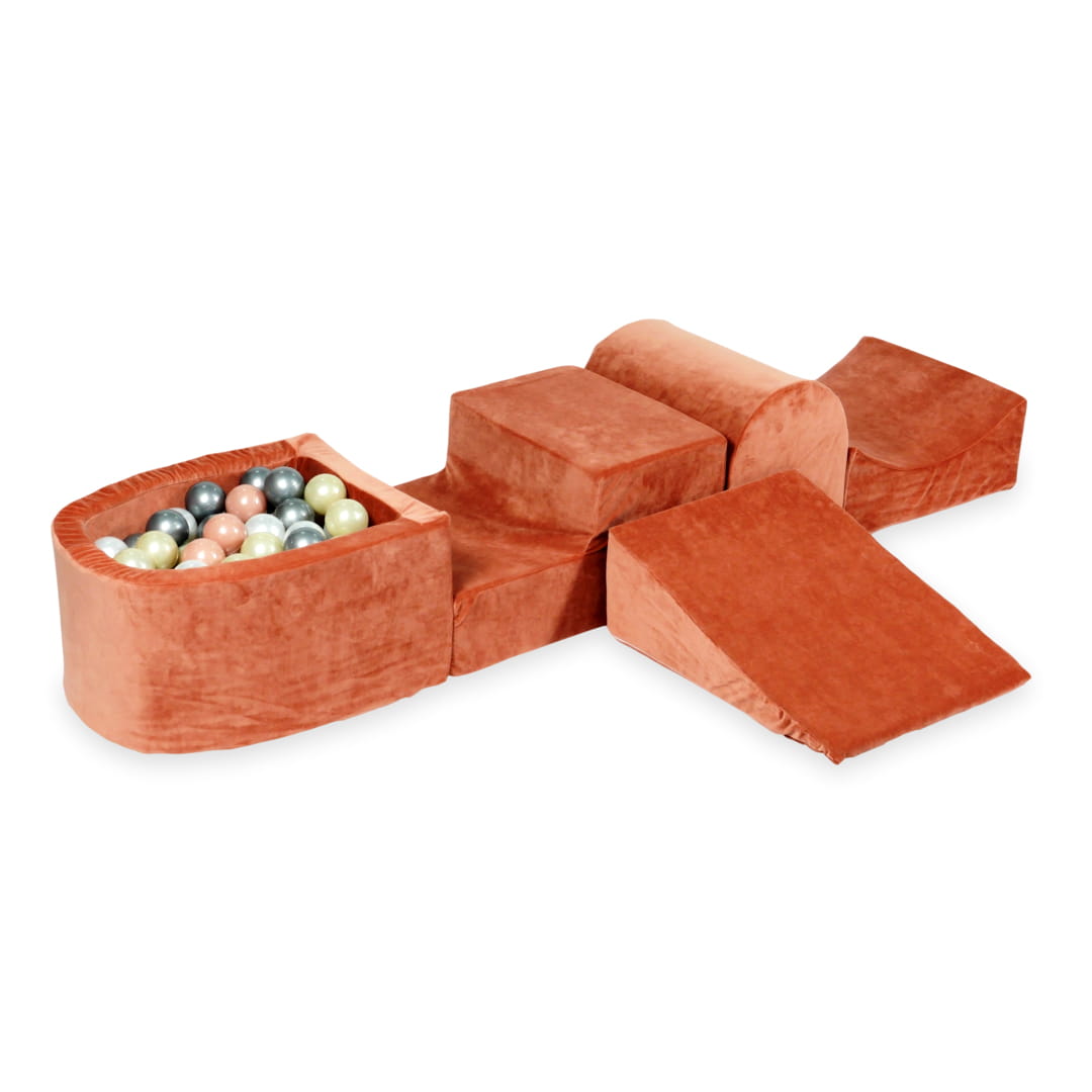 Schaumstoffspielbereich mit Hügel und Becken, mikrofein samtweicher Canyon-Ton + 100 Bälle (Hellgold, Roségold, Silber, Perlmutt)