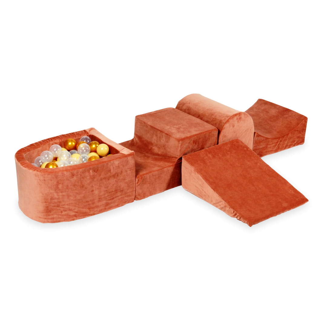 Schaumstoffspielbereich mit Hügel und Becken, mikrofein samtweicher Canyon-Ton + 100 Bälle (beige, gold, transparent)