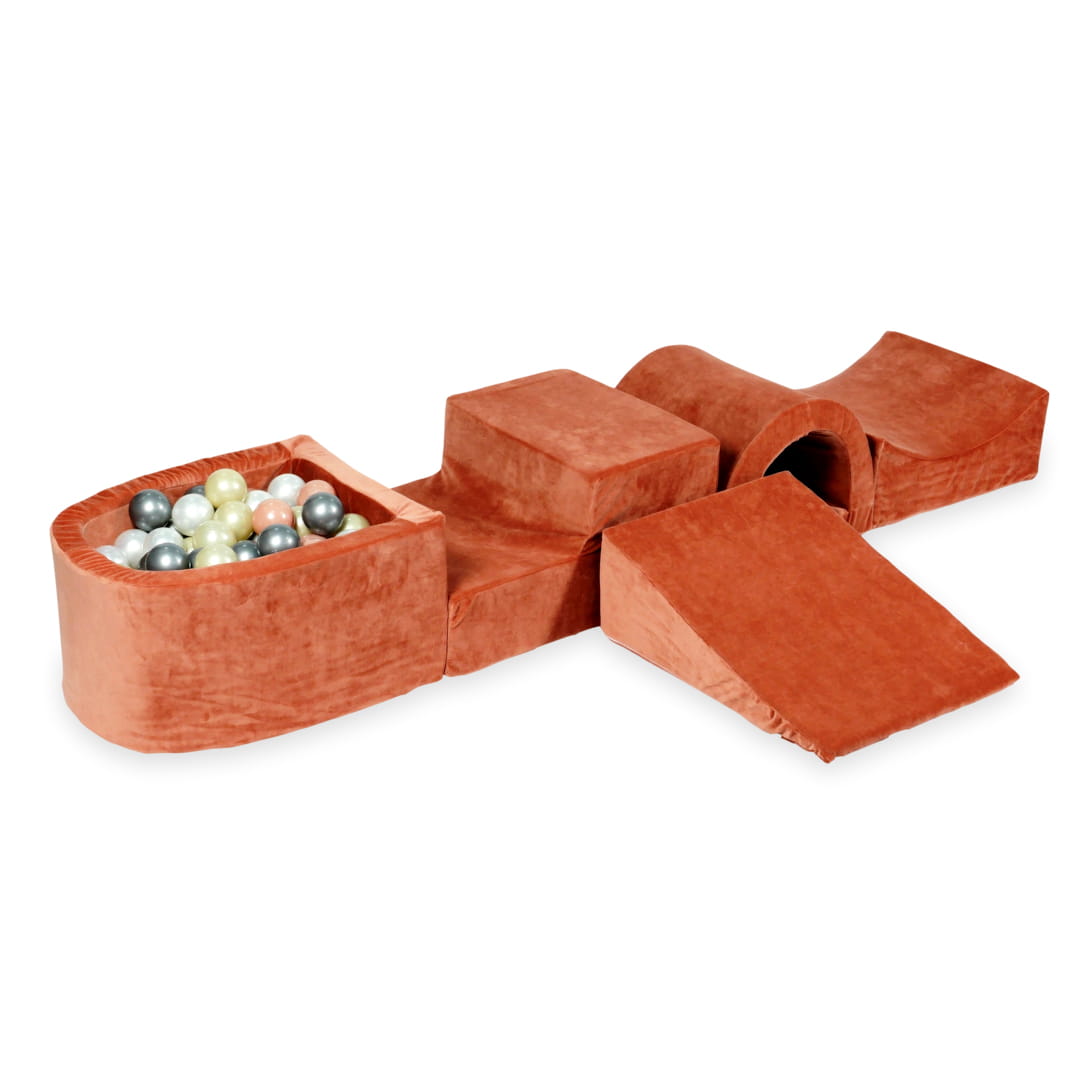 Schaumstoffspielbereich mit Brücke und mikrofeinen, samtweichem Canyon-Tonbecken + 100 Bälle (Hellgold, Roségold, Silber, Perlmutt)