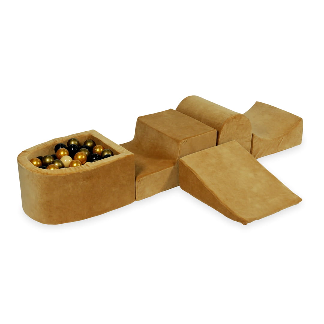 Schaumstoffspielbereich mit Hügel und mikrofeinen, samtweichem Karamellbecken + 100 Bälle (beige, altgold, gold, schwarz) 