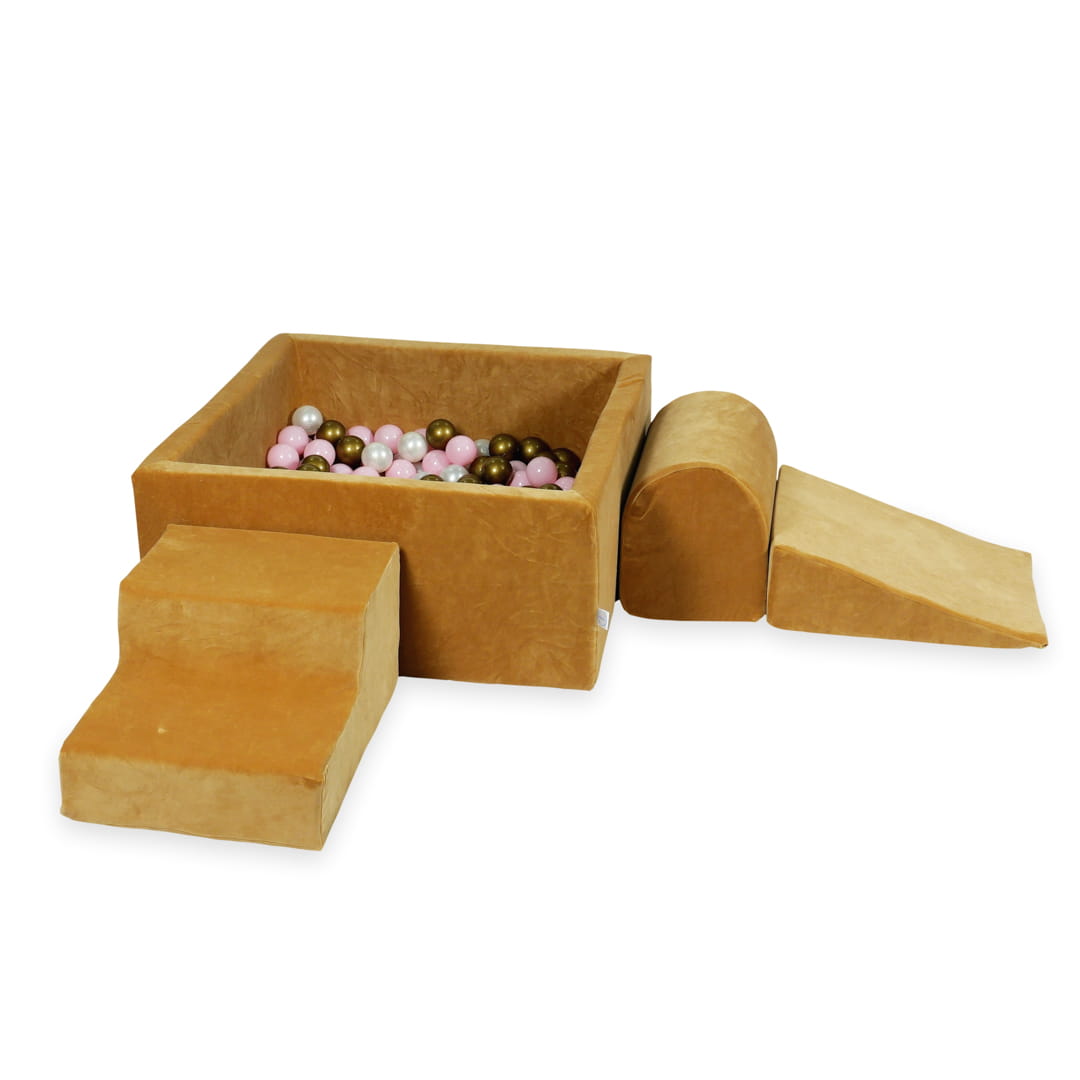 Schaumstoff-Spielbereich mit quadratischem Pool 90x90x40, samtweich, karamellfarben + 400 Bälle (beige, altgold, gold, schwarz)
