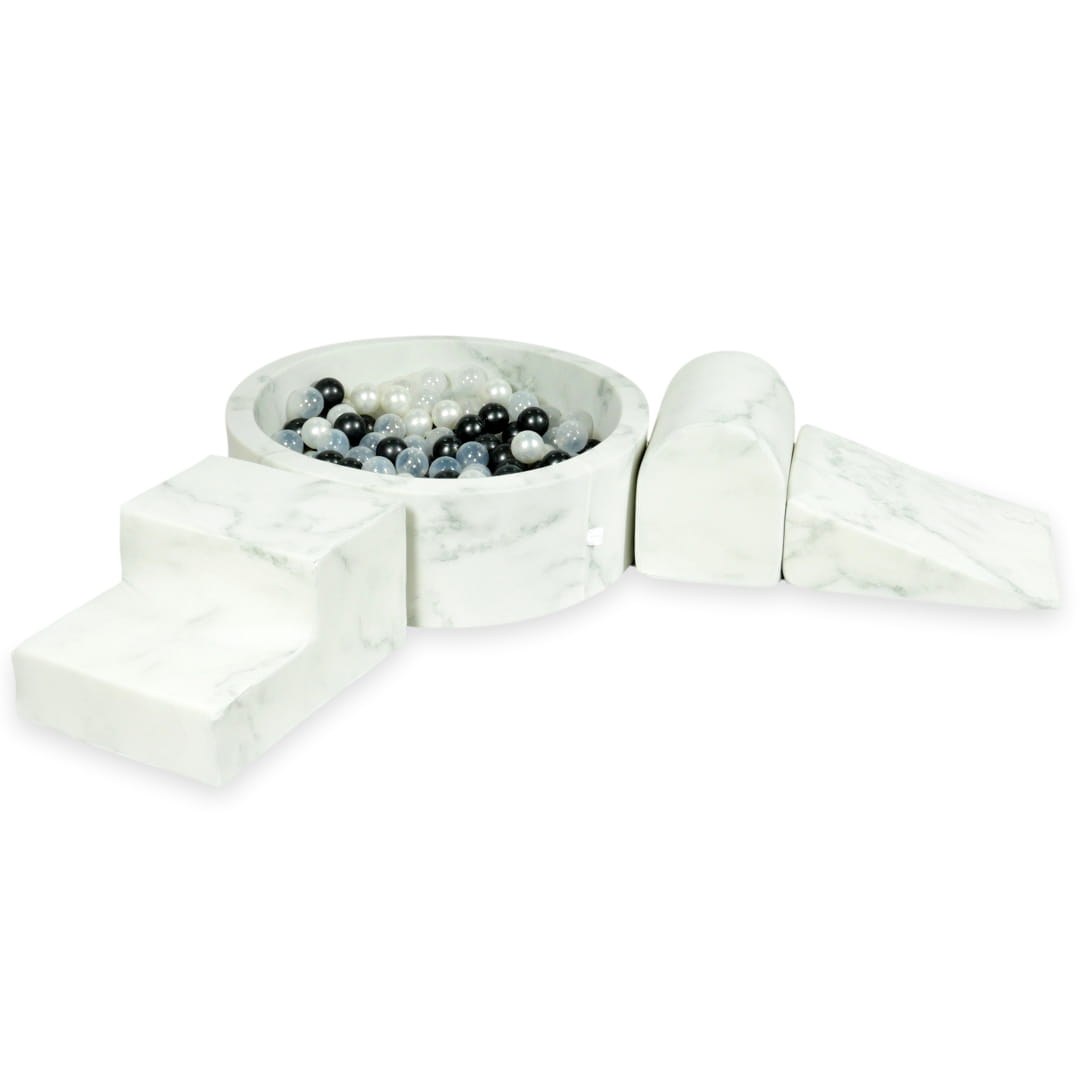 Schaumstoffspielbereich mit 90x30 cm großem, rundem Marmorbecken + 200 Bällen (metallic Graphit, Perlmutt, transparent)