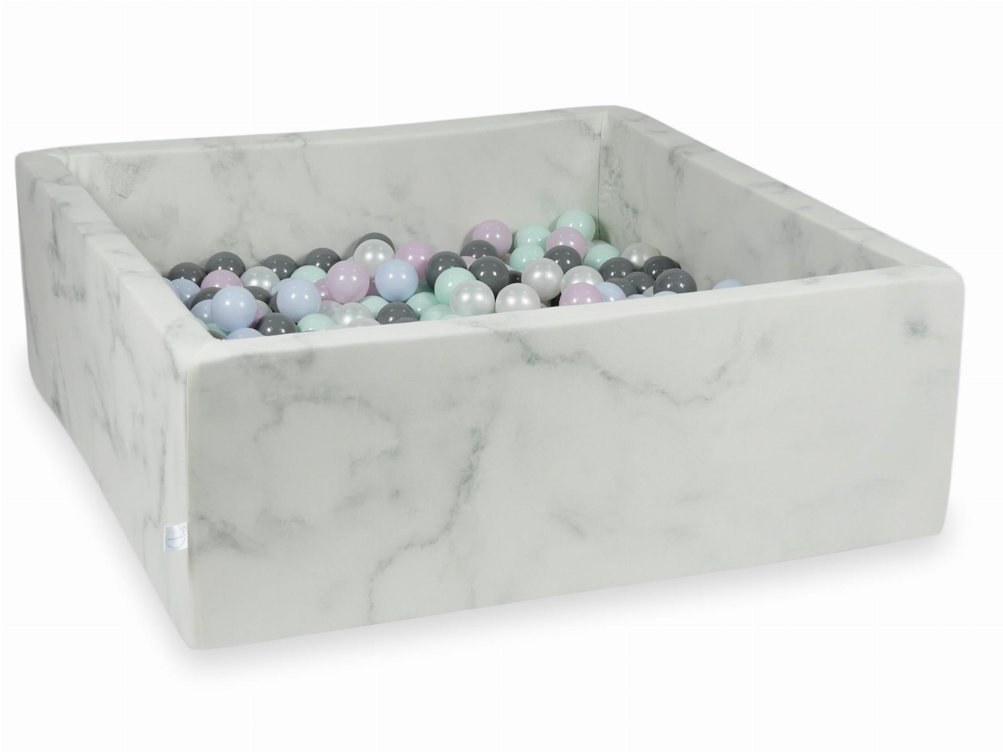 Bällebad aus Marmor, 110x110x40 cm, mit 600 Bällen (hellmint, hellperlmuttrosa, hellperlblau, perlmuttfarben, grau)