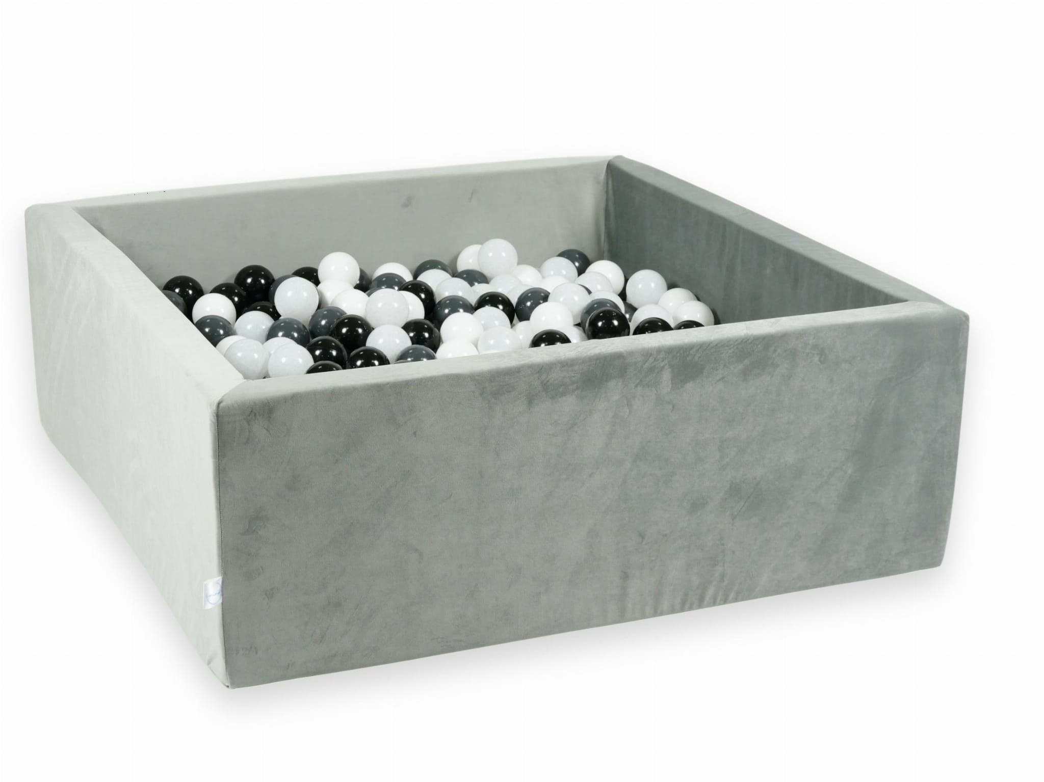 110x110x40 cm großes, samtgraues Bällebad mit 600 Bällen (transparent, weiß, perlmuttfarben, hellrosa, roségolden)