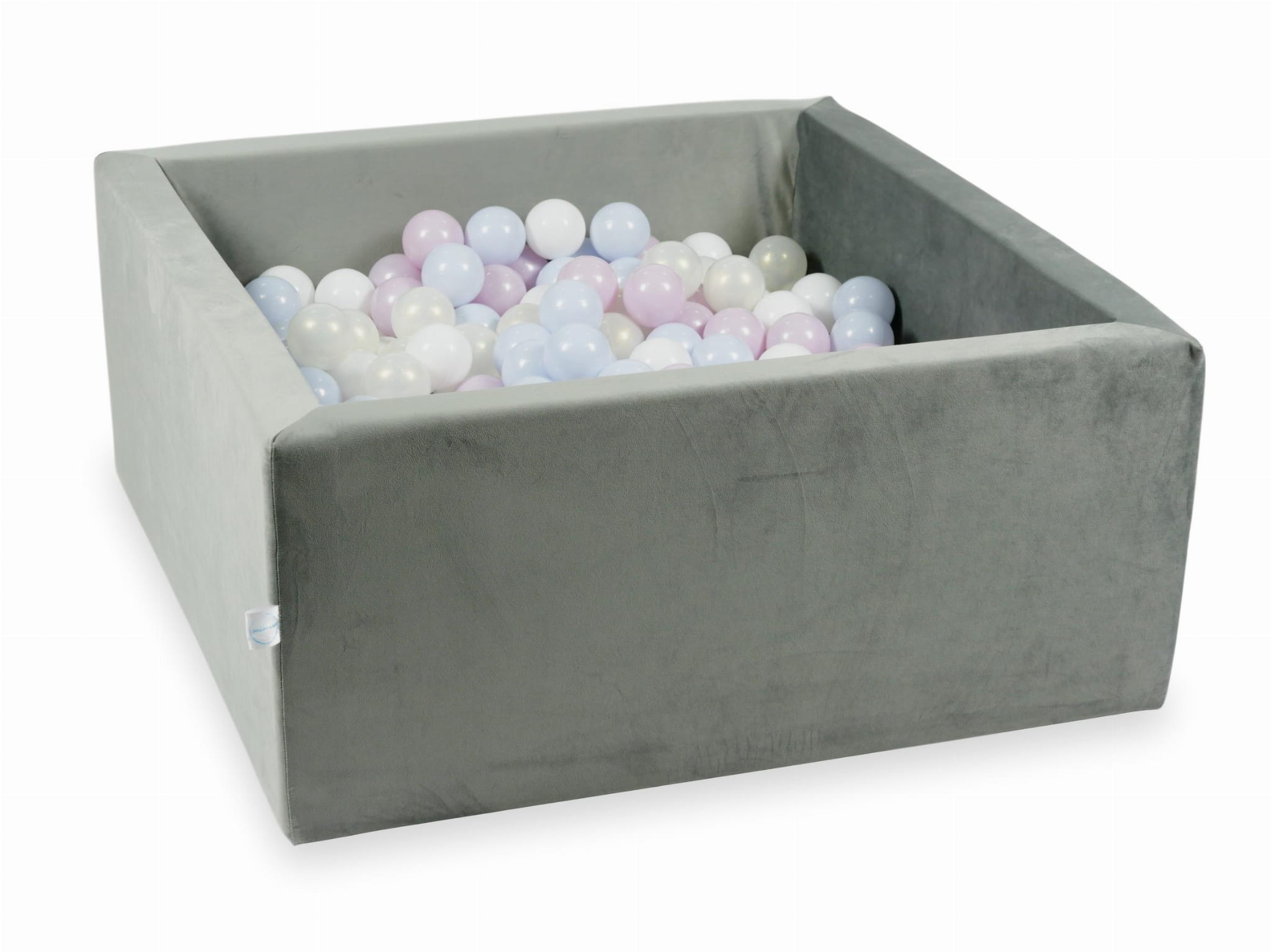 90x90x40 Samtgraues Bällebad mit 400 Bällen (Hellperlmuttrosa, Hellperlmuttblau, Irisierend, Weiß)