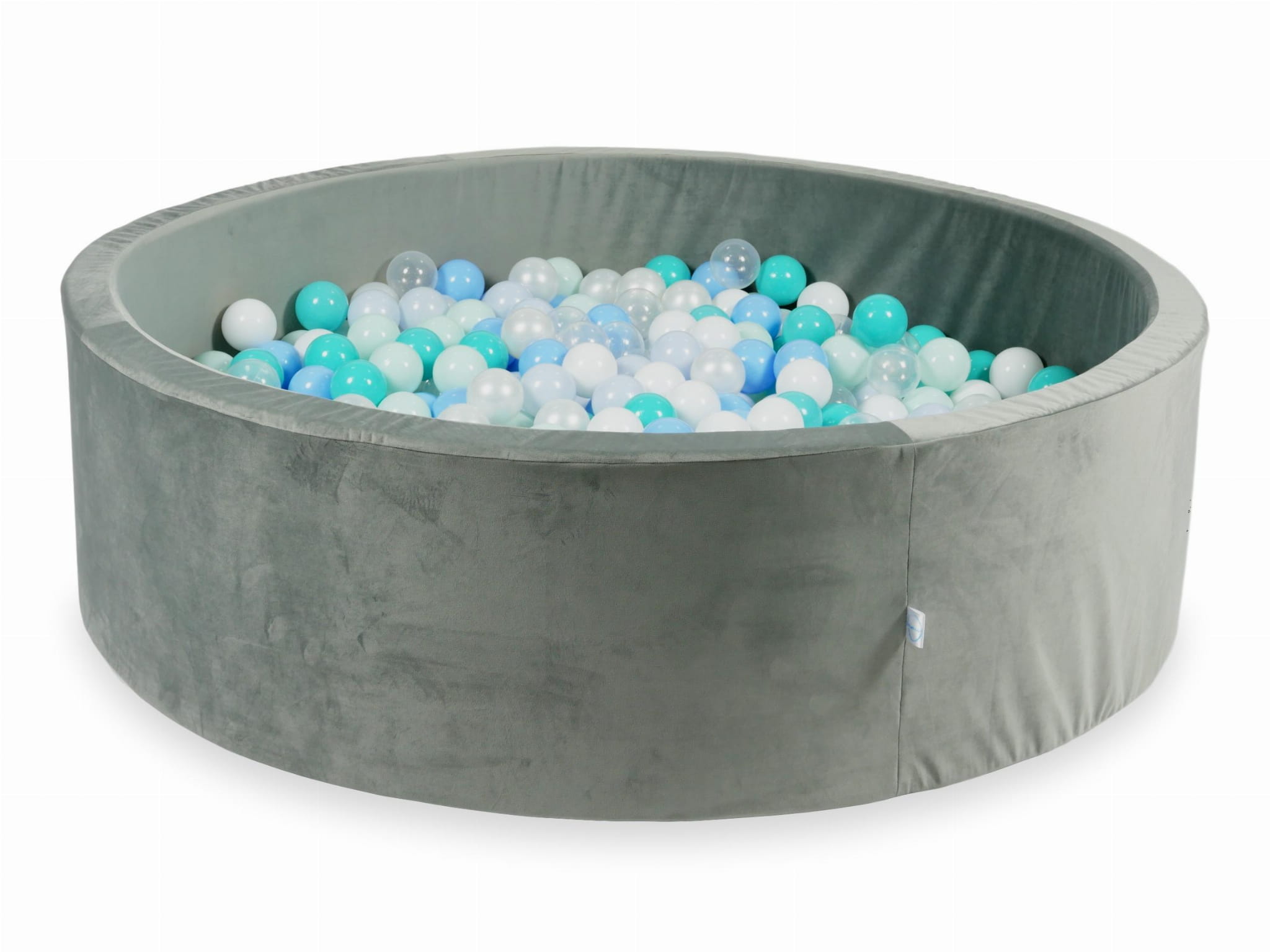 130x40 Samtgraues Bällebad mit 700 Bällen (hellmint, türkis, hellblau, perlmuttfarben hellblau, irisierend, perlmuttfarben, weiß, transparent)