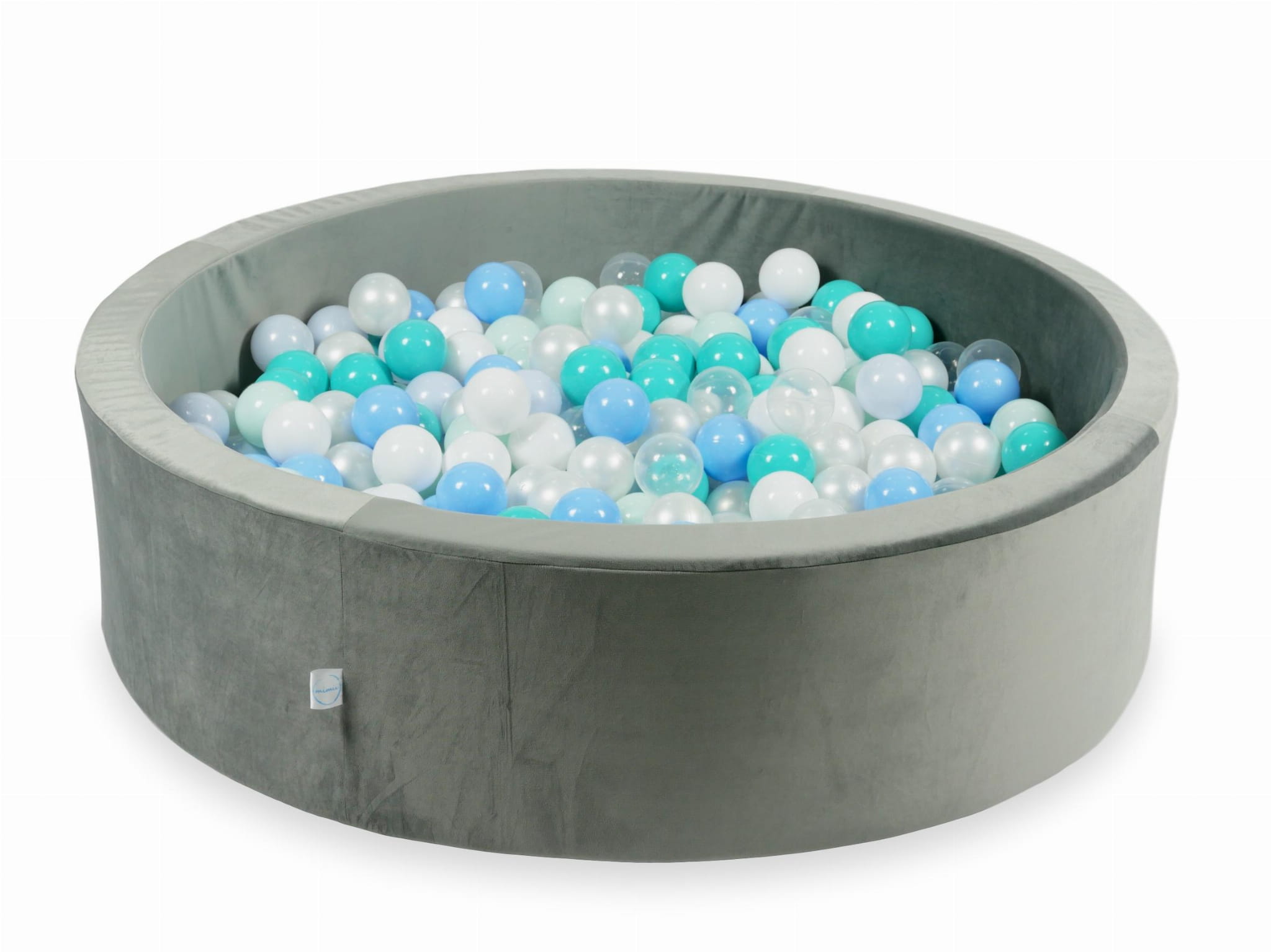 110x30 Samtgraues Bällebad mit 400 Bällen (Hellmint, Türkis, Hellblau, Perlmutt-Hellblau, Irisierend, Perlmutt, Weiß, Transparent)