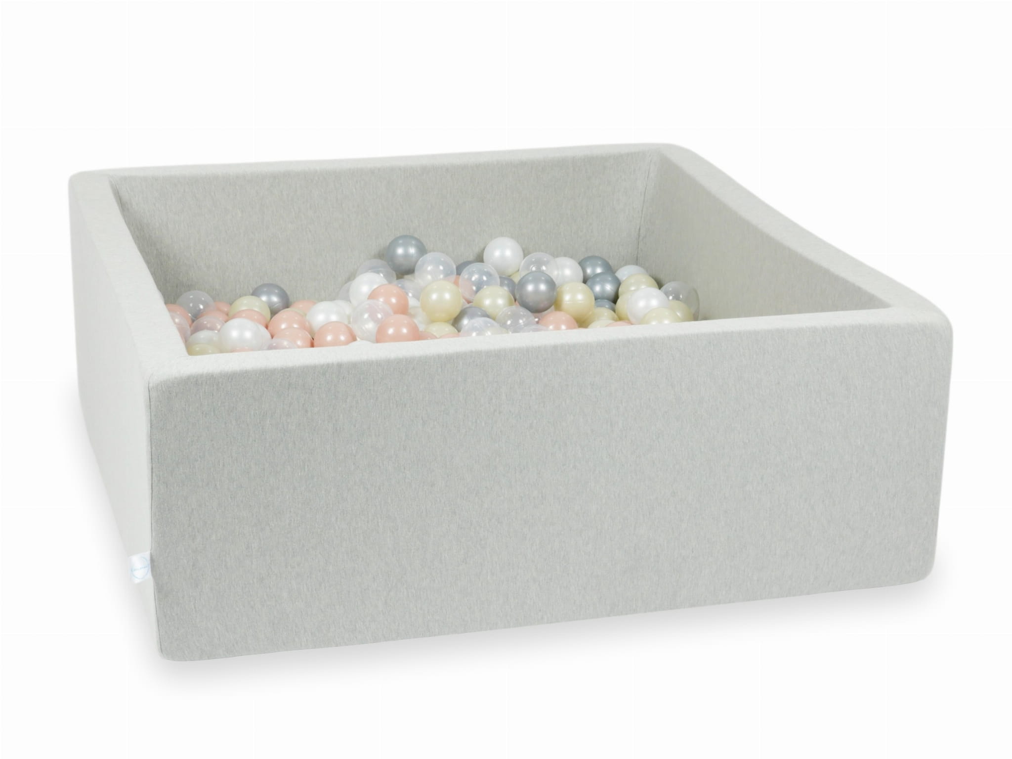 Bällebad 110x110x40 hellgrau mit 600 Bällen (transparent, perlmuttfarben, silber, roségold, hellgold)