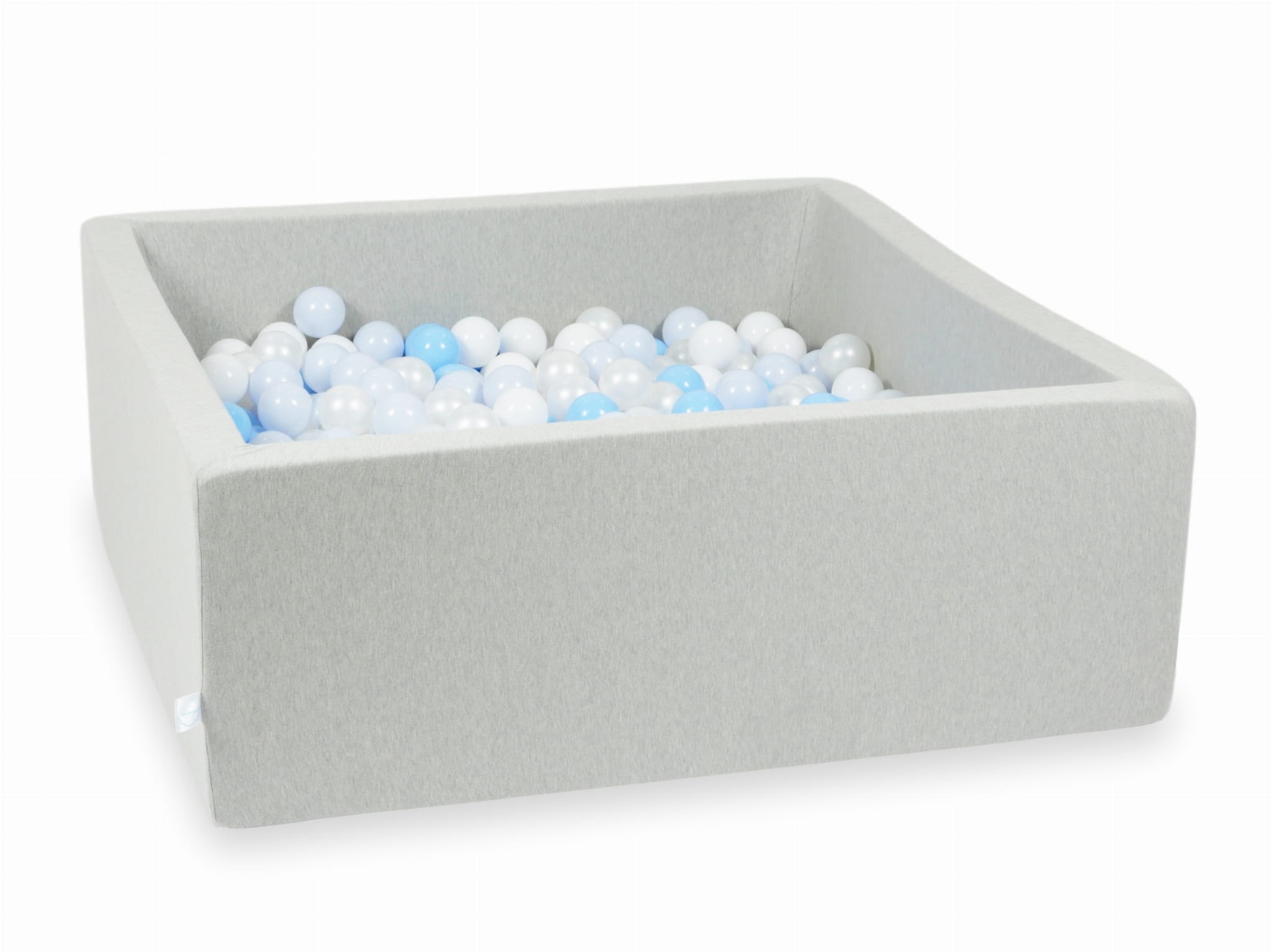 Bällebad 110x110x40 hellgrau mit 600 Bällen (weiß, perlmuttfarben, hellblau, hellblau-perlmuttfarben)