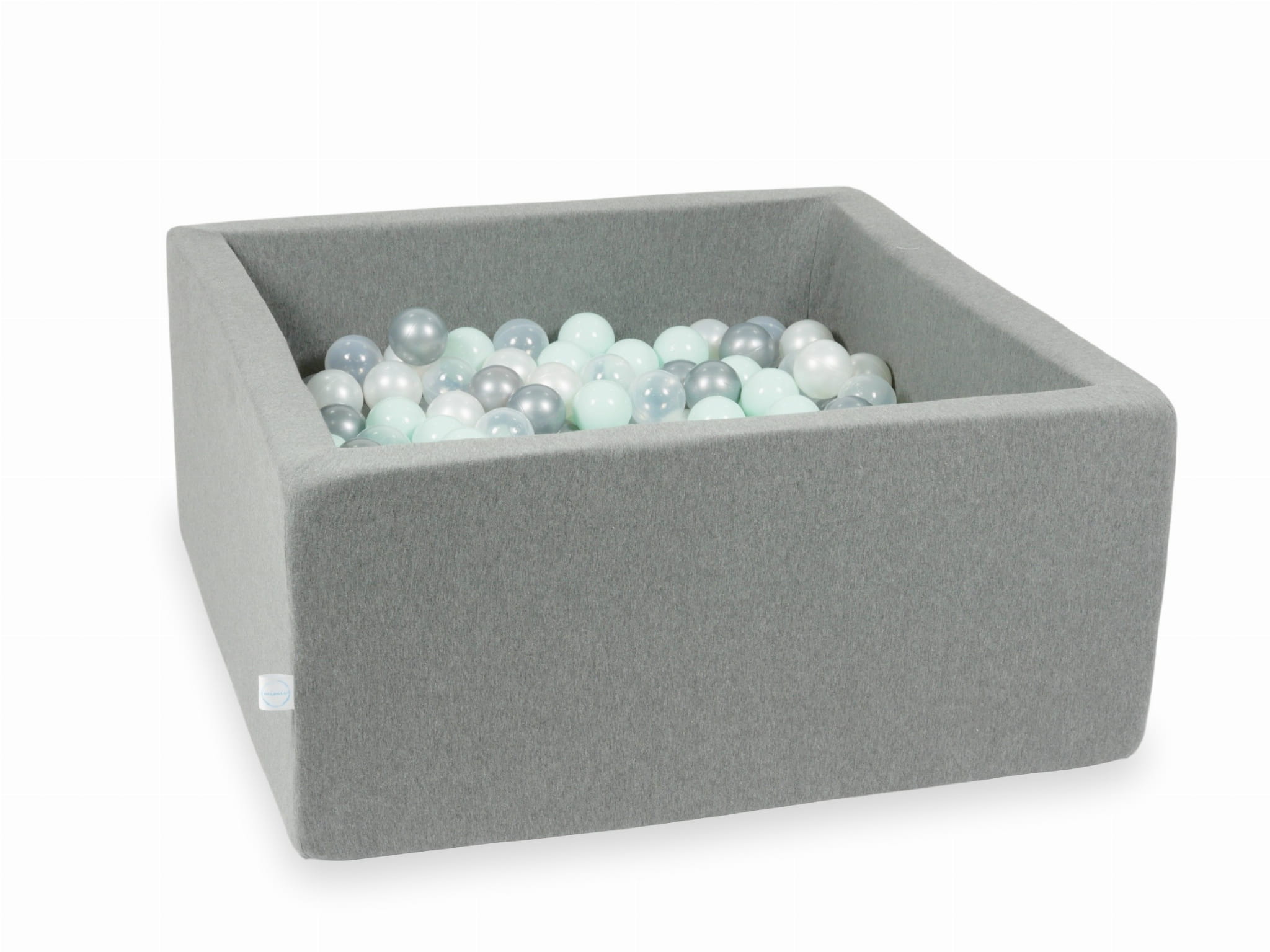 Graues Bällebad (90x90x40 cm) mit 400 Bällen (transparent, perlmuttfarben, silber, hellmint)