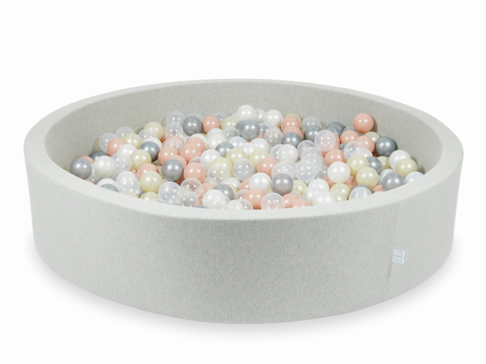 130x30 hellgraues Bällebad mit 600 Bällen (transparent, perlmuttfarben, silber, hellrosa, hellgold)