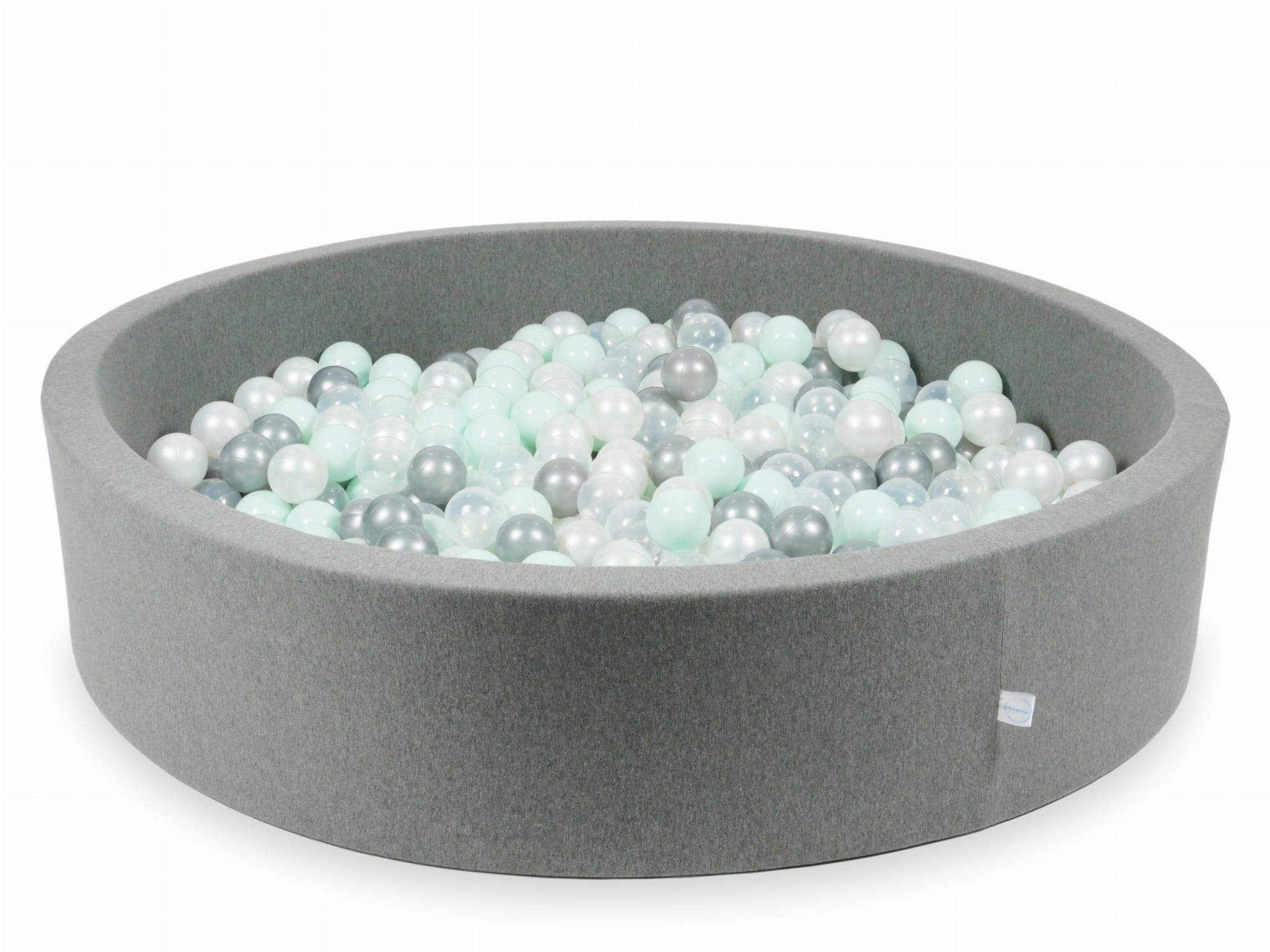 Graues Bällebad 130x30 mit 600 Bällen (transparent, perlmuttfarben, silber, hellmint)
