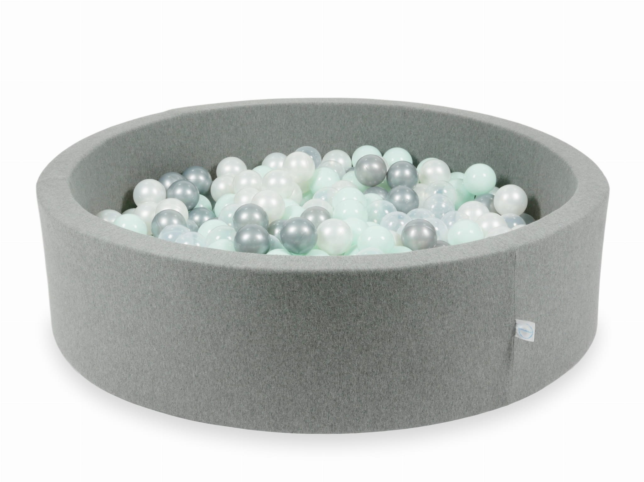 Graues Bällebad 110x30 mit 400 Bällen (transparent, perlmuttfarben, silber, hellrosa)