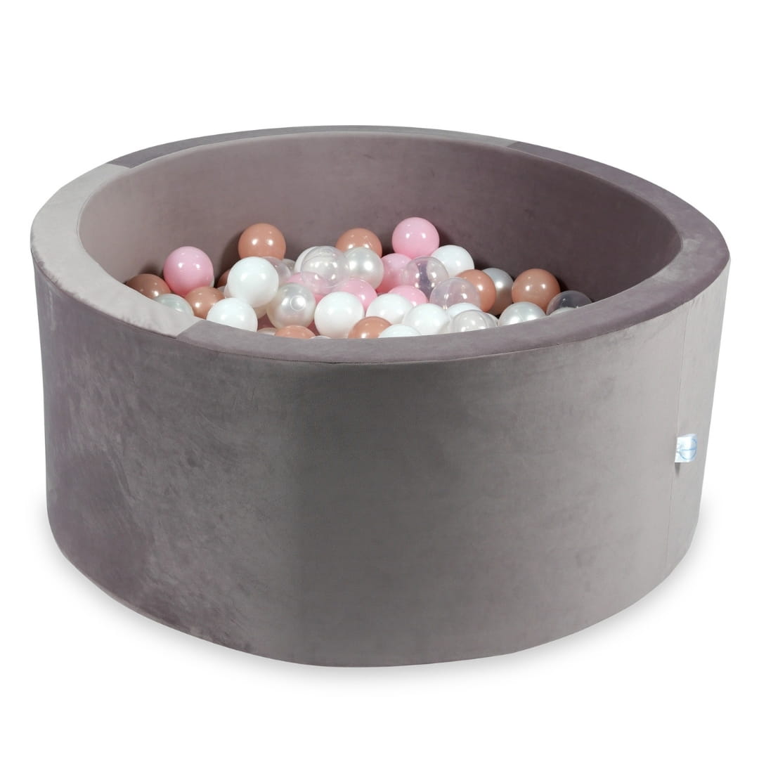 90x40 Samt-Bällebad in Flieder mit 300 Bällen (transparent, weiß, perlmuttfarben, hellrosa, roségolden)