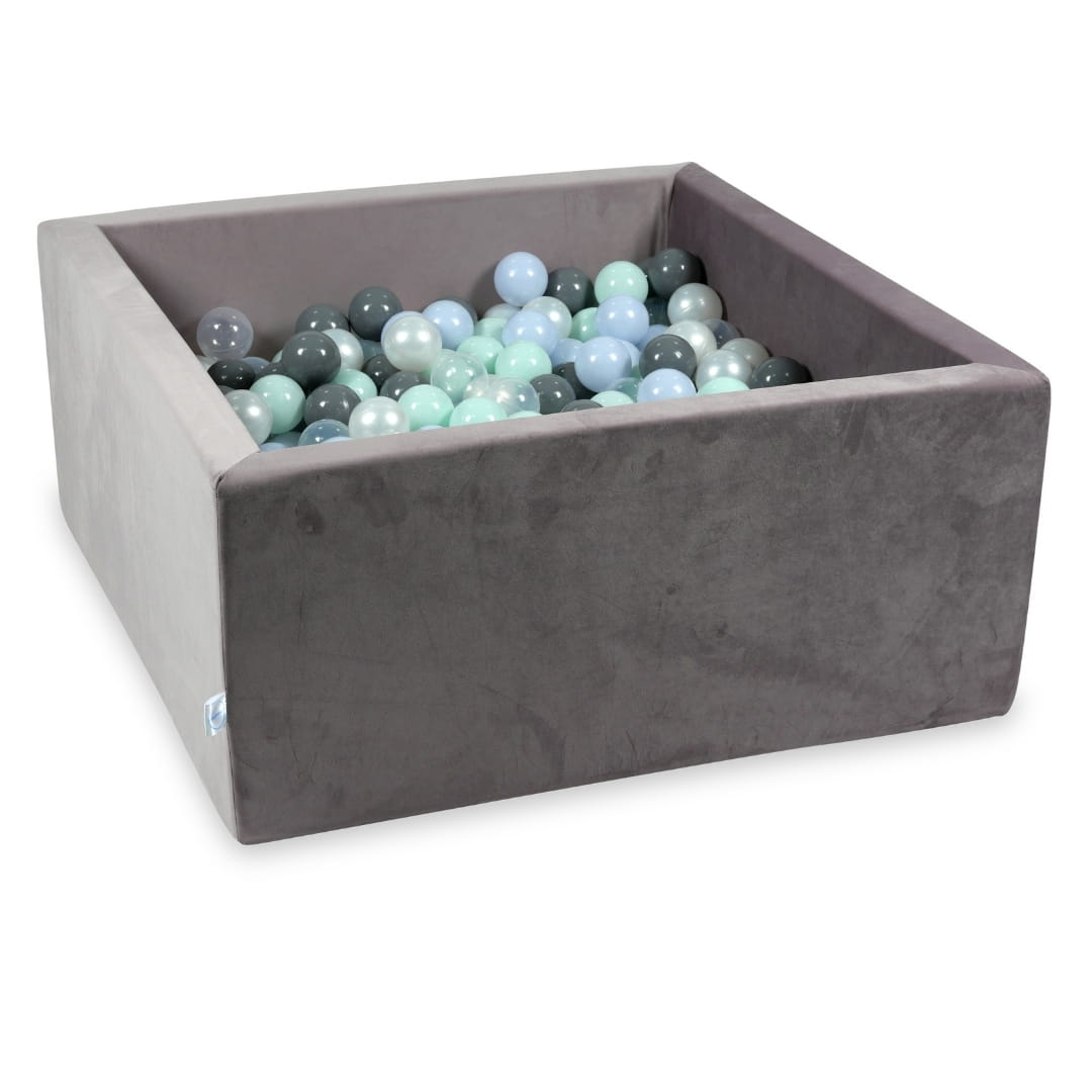 90x90x40 Samt-Bällebad in Flieder mit 400 Bällen (hellmint, hellblau, hellperlmutt, grau, transparent, perlmutt)