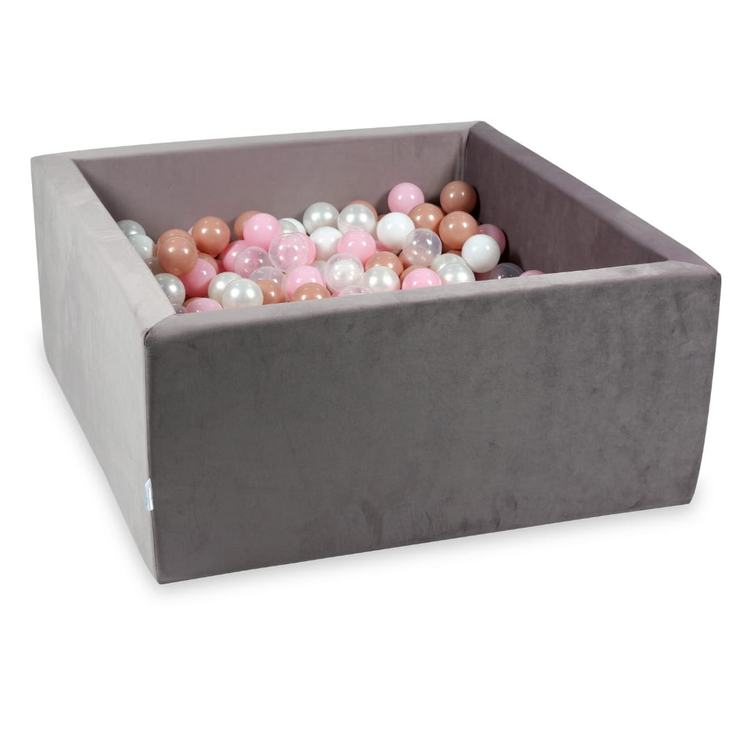 90x90x40 Samt-Bällebad in Flieder mit 400 Bällen (Transparent, Weiß, Perlmutt, Hellrosa, Roségold)