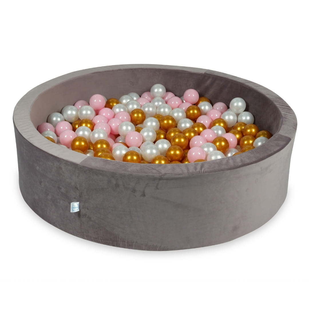 110x30 Samt-Bällebad in Flieder mit 400 Bällen (hellrosa, perlmuttfarben, goldfarben)