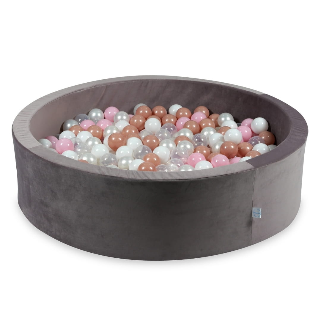 110x30 Samt-Bällebad in Flieder mit 400 Bällen (transparent, weiß, perlmuttfarben, hellrosa, roségolden)