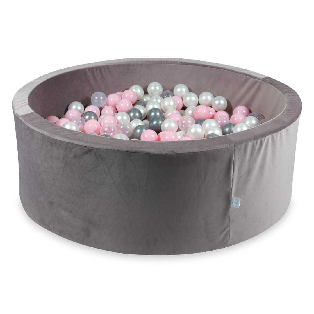 110x40 Samt-Bällebad in Flieder mit 500 Bällen (Perlmutt, Transparent, Silber, Hellrosa)