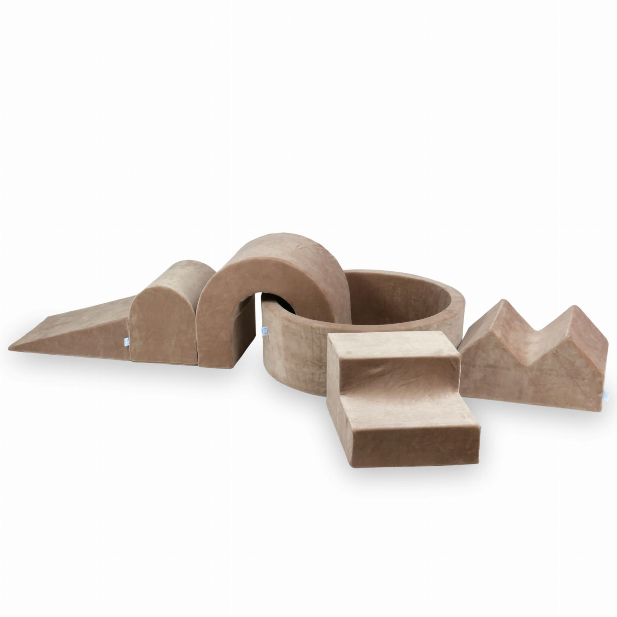 Schaumstoff-Spielbereich mit rundem Pool (90 x 30 cm), samtweich, dunkelbeige + 5 Elemente (ohne Bälle)