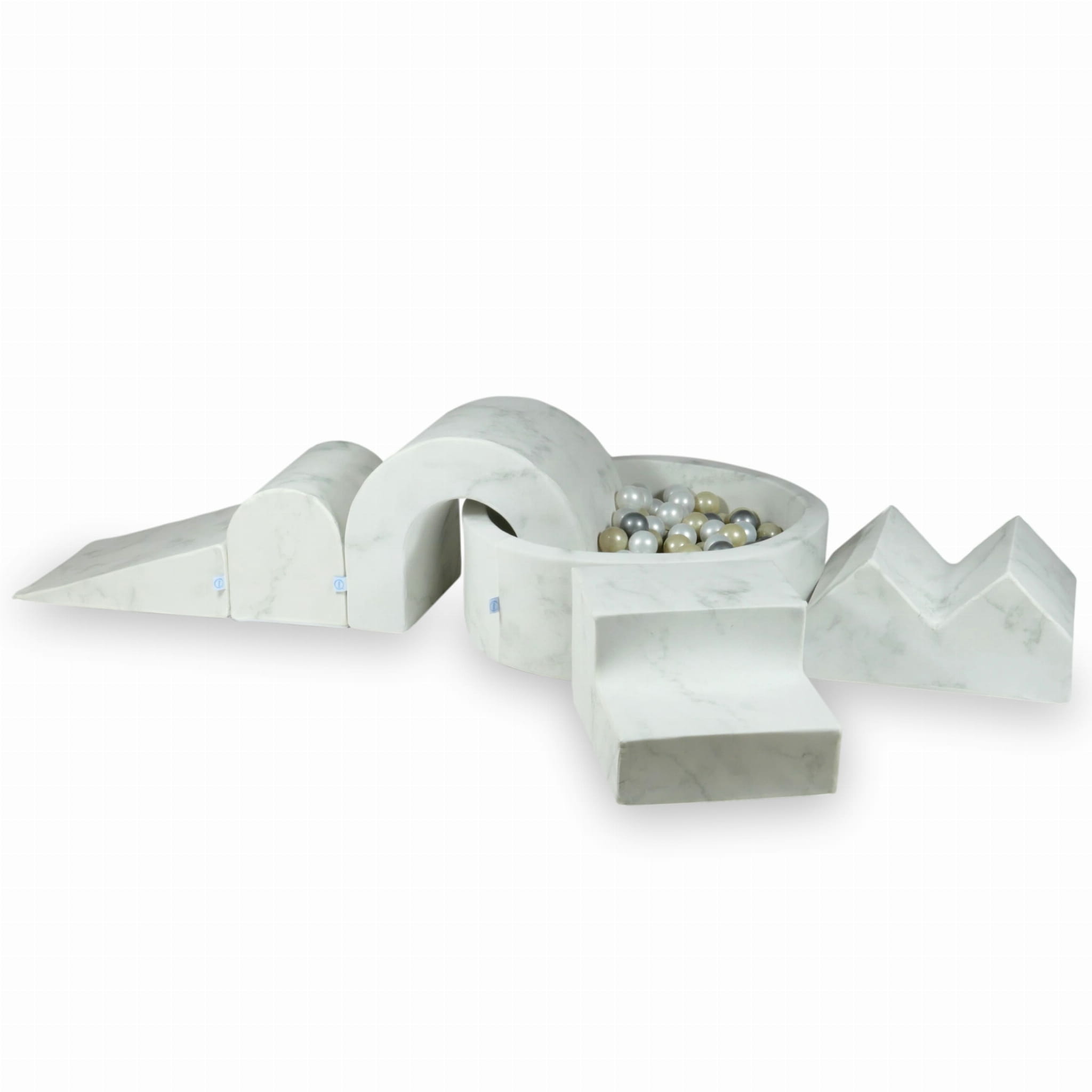 Schaumstoffspielbereich mit rundem 90x30 Marmorbecken + 5 Elementen + 200 Bällen (Perlmutt, Silber, Hellgold)