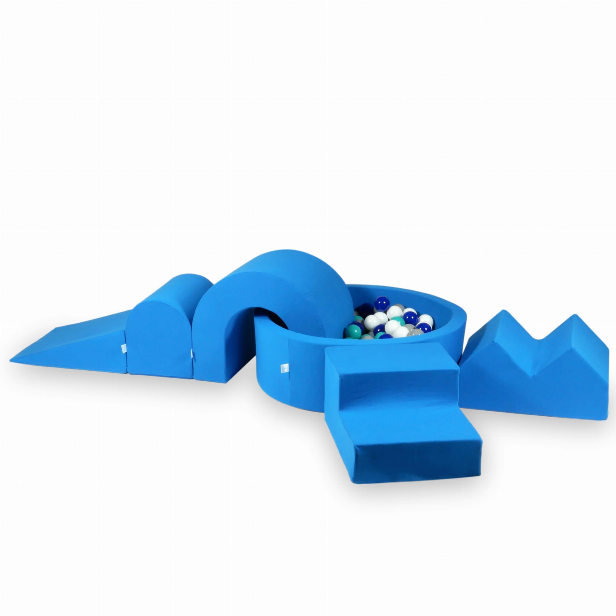 Schaumstoffspielbereich mit rundem 90x30-Pool, blau + 5 Elemente + 200 Bälle (weiß, grau, türkis, blau)