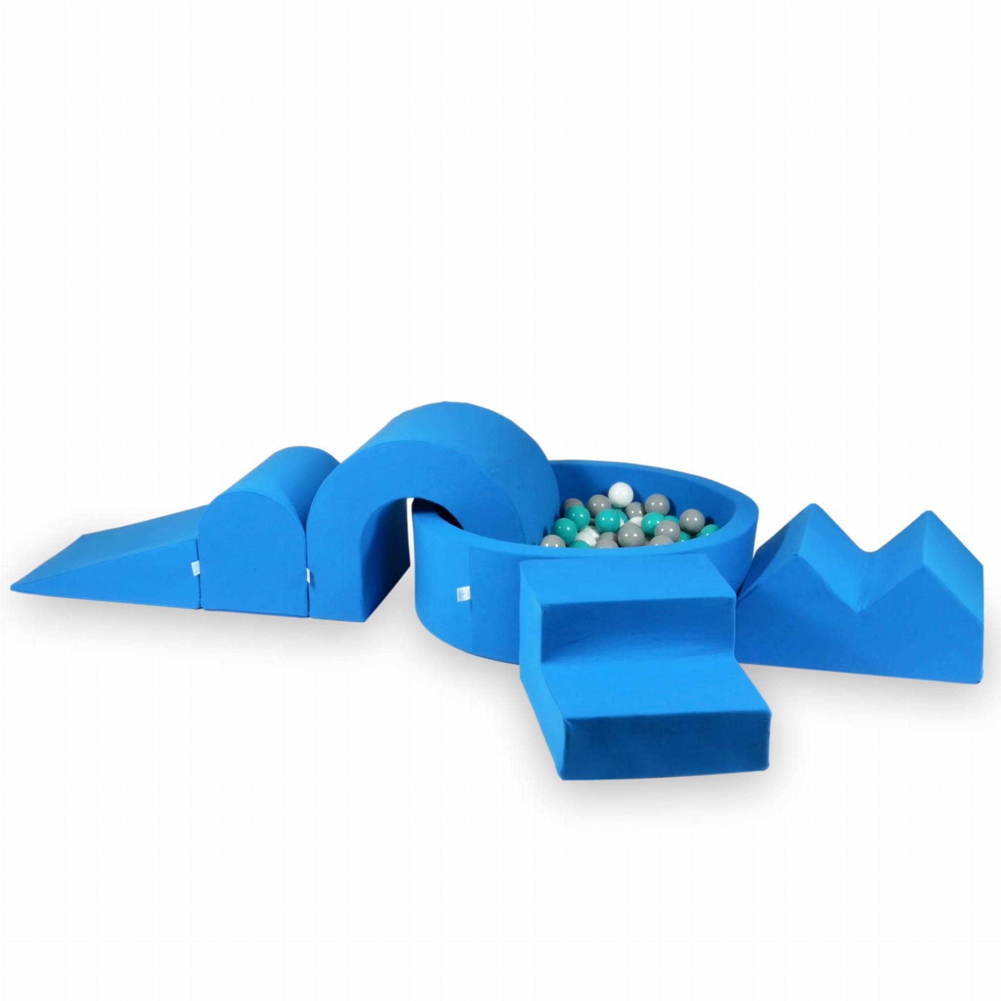Schaumstoffspielbereich mit rundem 90x30-Pool, blau + 5 Elemente + 200 Bälle (weiß, grau, türkis)