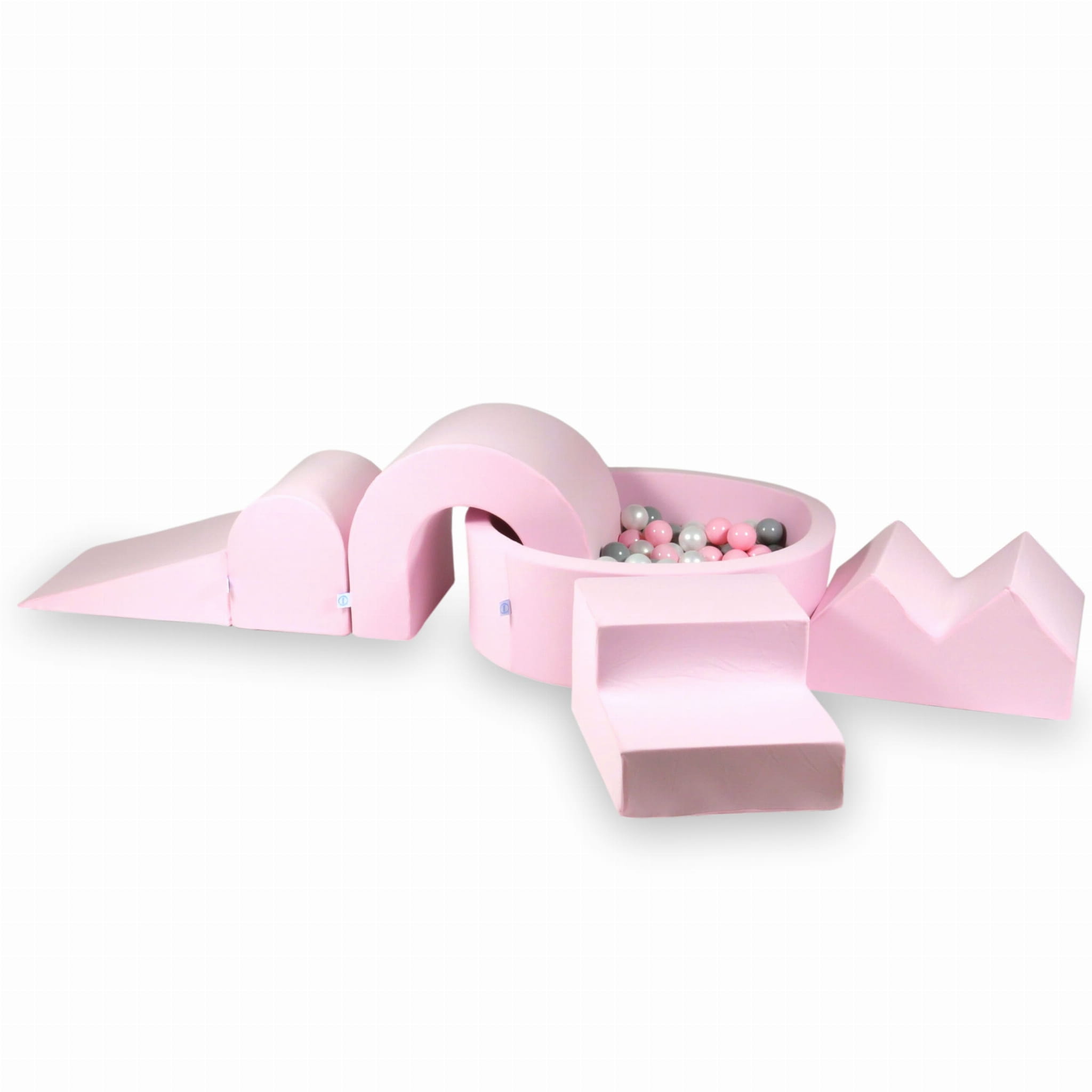 Schaumstoffspielbereich mit rundem 90x30cm Pool in Puderrosa + 5 Elementen + 200 Bällen (Perlmutt, Grau, Hellrosa)