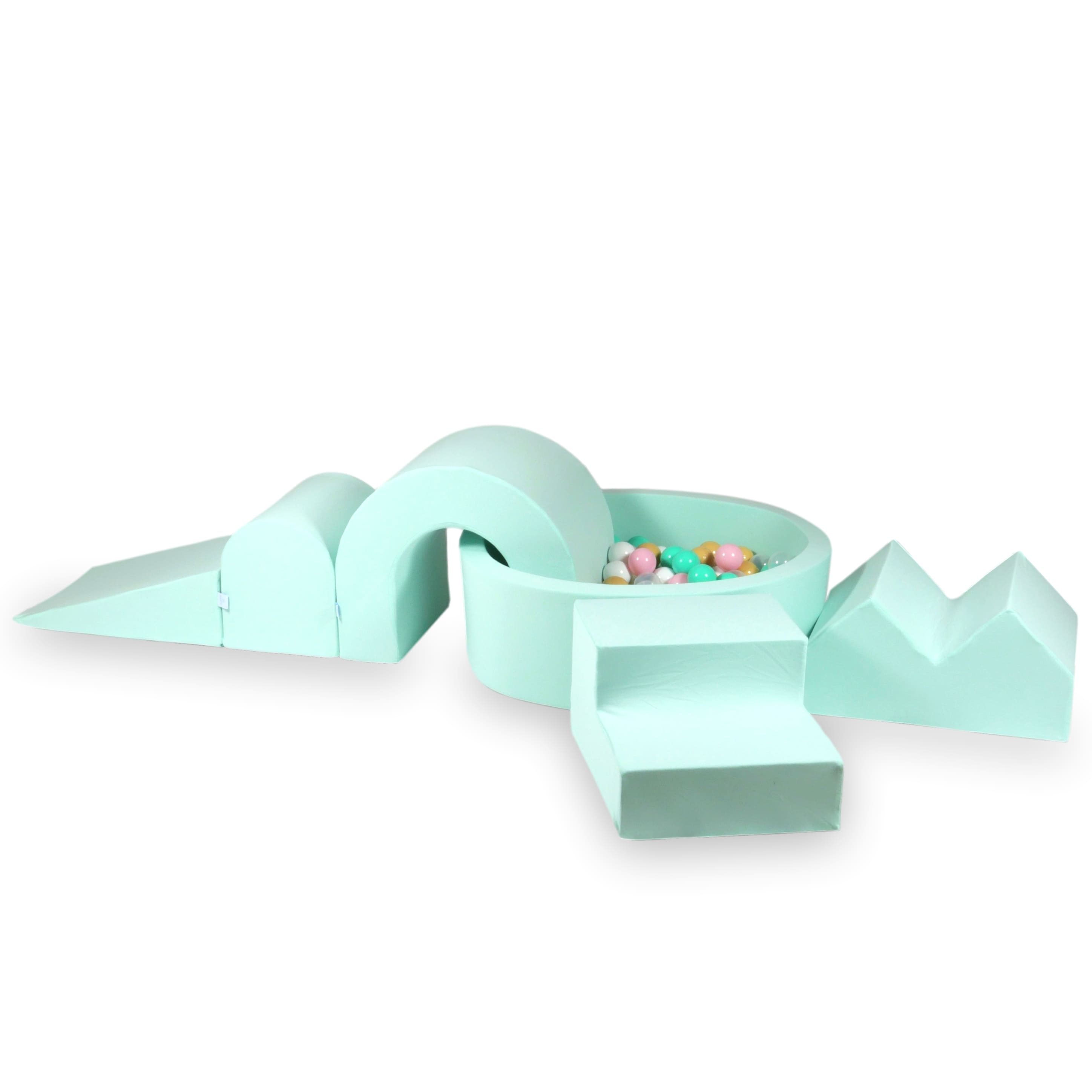 Schaumstoffspielbereich mit rundem 90x30-Pool in Mintgrün + 5 Elementen + 200 Bällen (transparent, weiß, hellrosa, mintgrün, beige)