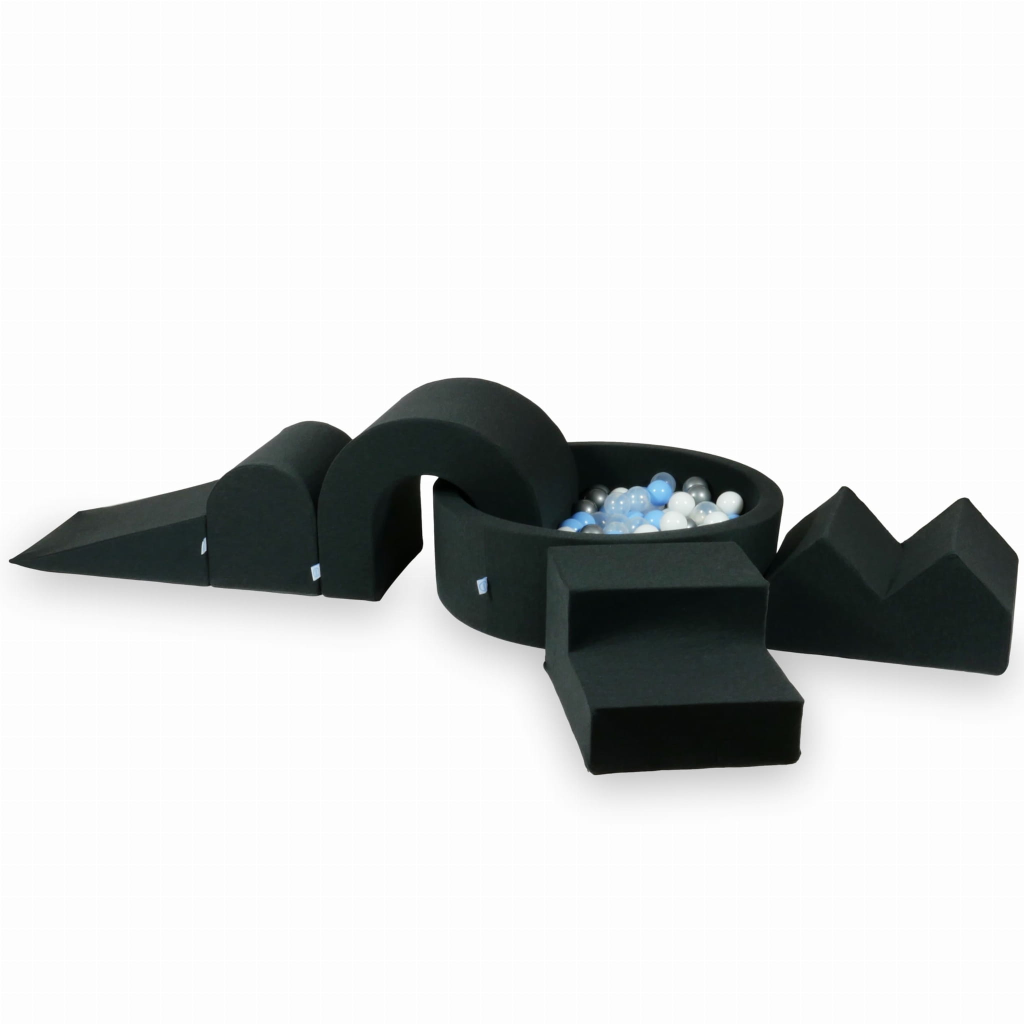 Schaumstoff-Spielbereich mit rundem 90x30 Graphit-Pool + 5 Elementen + 200 Bällen (transparent, weiß, silber, hellblau)