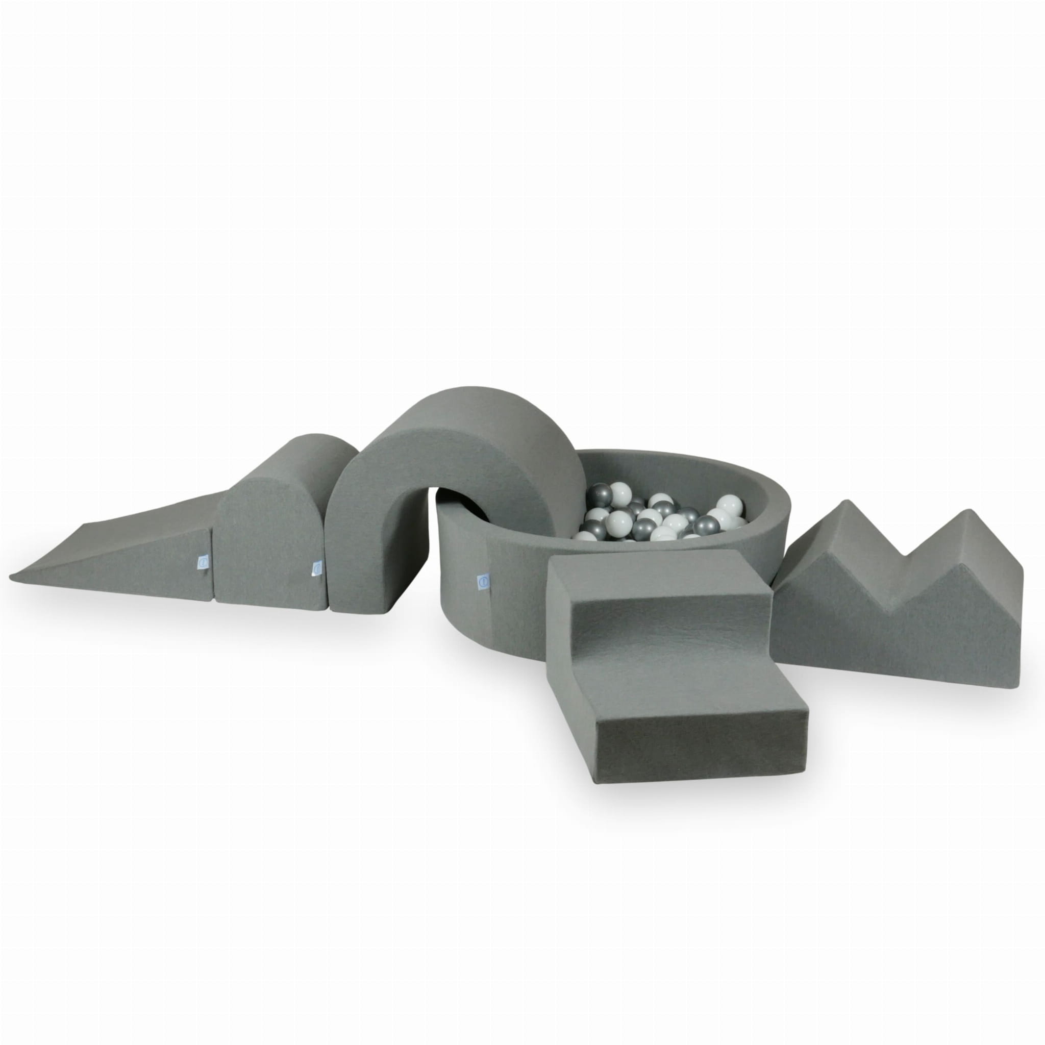 Schaumstoff-Spielbereich mit rundem 90x30 grauem Pool + 5 Elementen + 200 Bällen (weiß, silber)