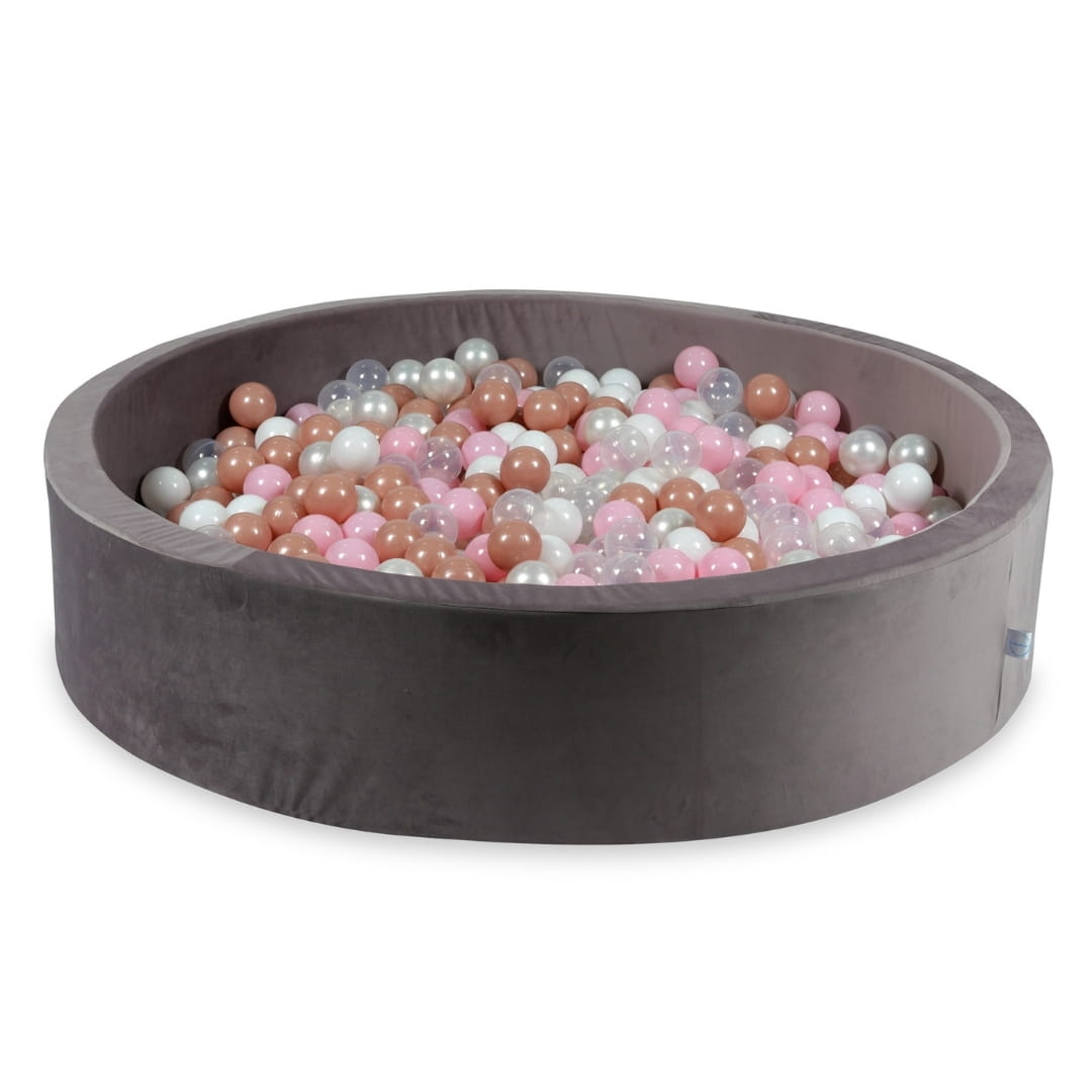 130x30 Samt-Bällebad in Flieder mit 600 Bällen (transparent, weiß, perlmuttfarben, hellrosa, roségolden)