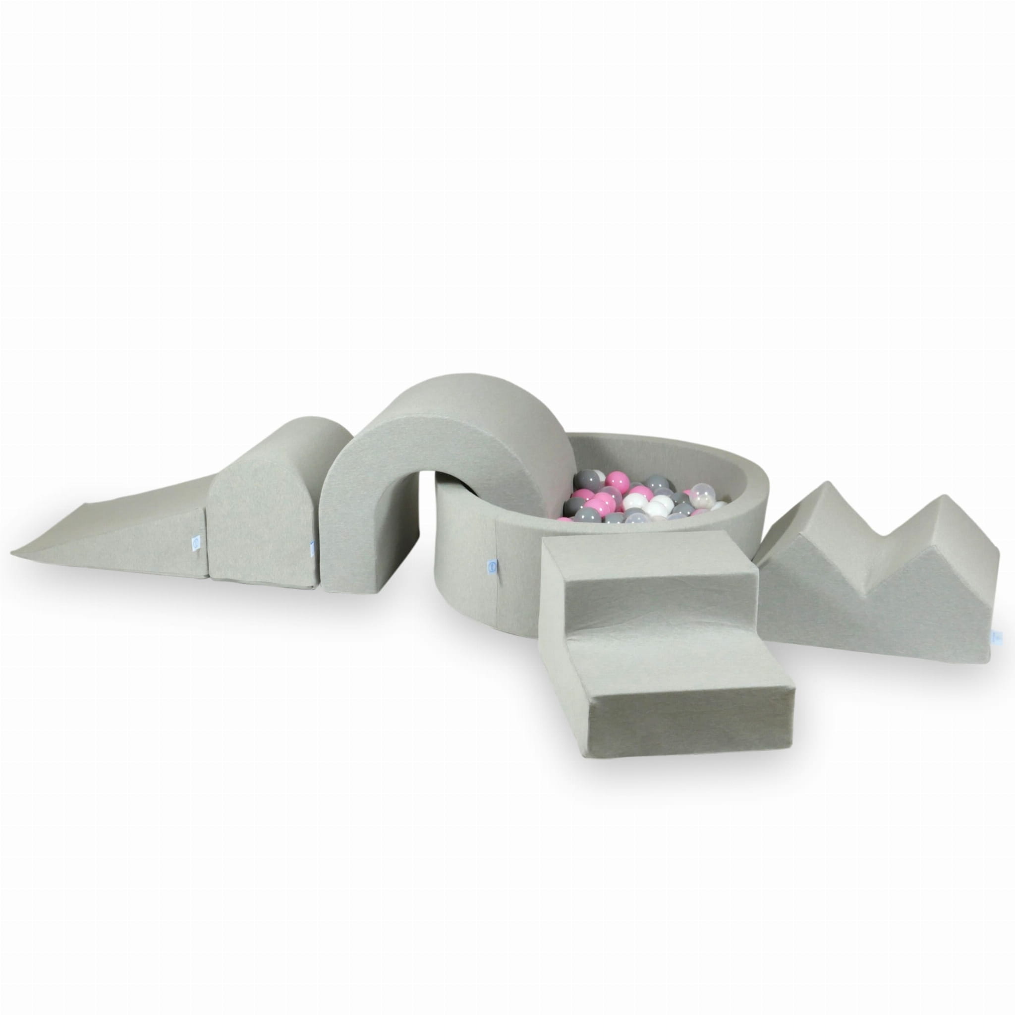 Schaumstoffspielbereich mit rundem Pool 90x30 Hellgrau + 5 Elemente + 200 Bälle (transparent, weiß, grau, puderrosa)