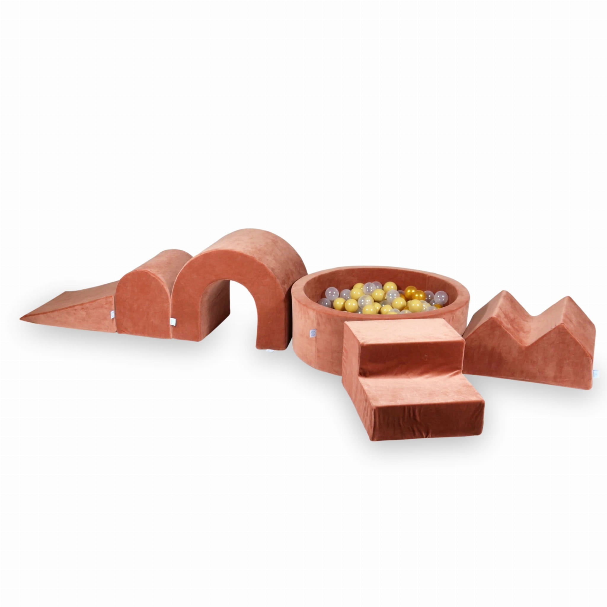 Schaumstoffspielbereich mit rundem 90x30 Velvet Soft Canyon Clay Pool + 5 Elementen + 200 Bällen (transparent, beige, gold)